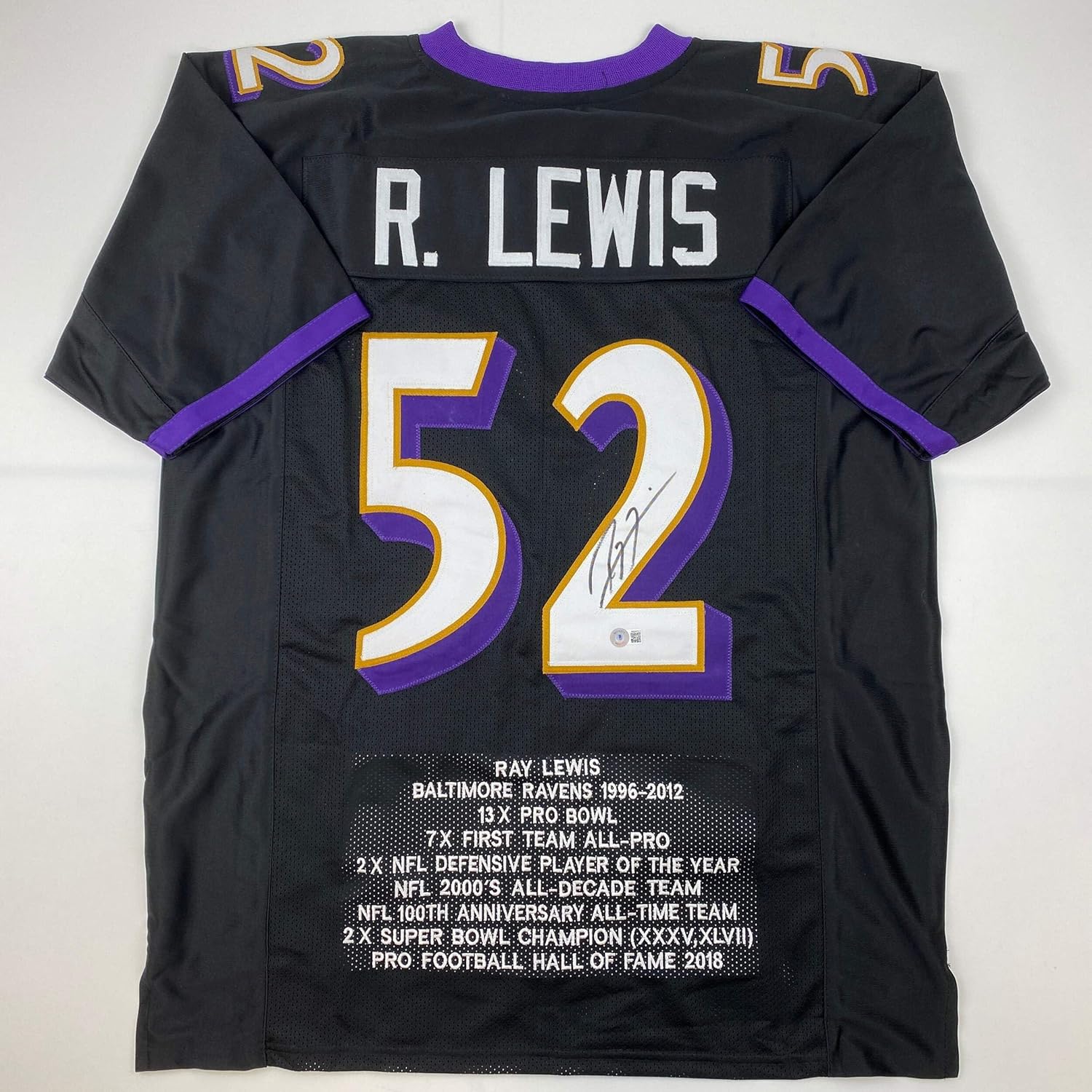 Autographed/Signed Ray Lewis Baltimore Black Stat Football Jersey Beckett BAS COA