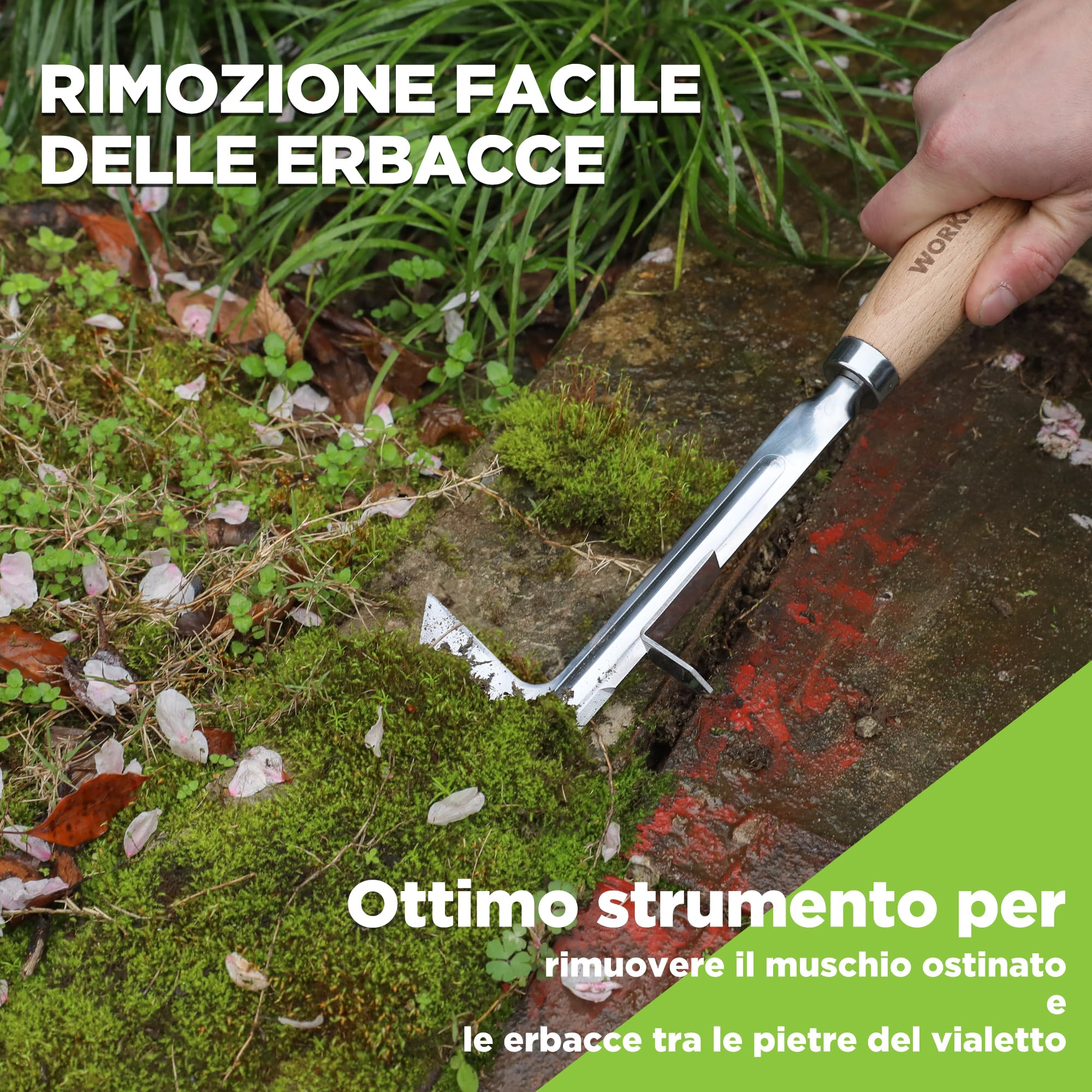 WORKPRO Estirpatore Erbacce Manuale da 30,5 cm con Manico in Legno, Attrezzo per Togliere Erbacce in INOX - Spatola Diserbante a Forma di L per Viali, Giardini, Terrazze, Pavimentazioni e Muschio