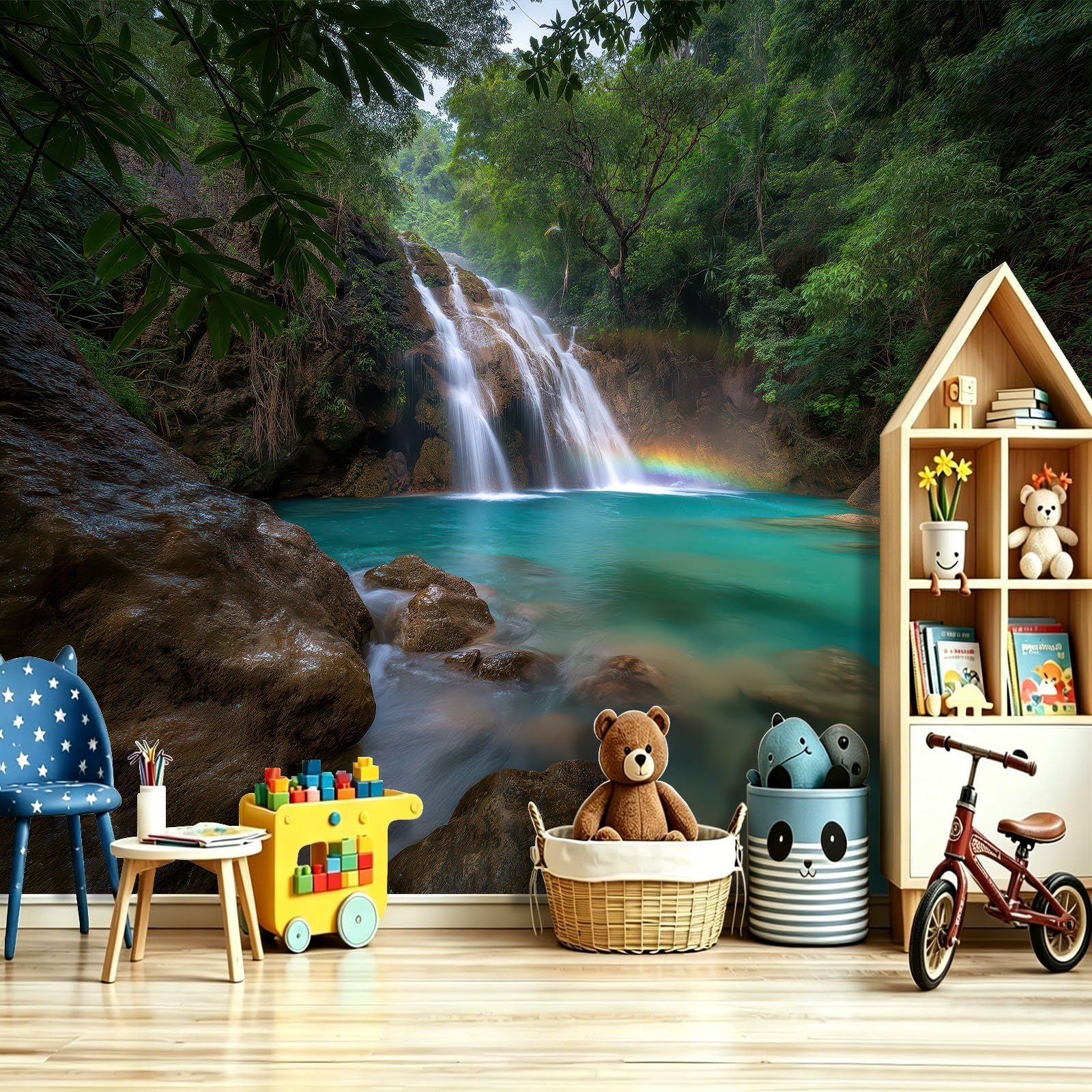 Papier Peint Jungle Tropical Naturel Panoramique Cascade Rochers Arc-En-Ciel Papier Peint Intissé Murale Salon Chambre à Coucher Maison Décoration Intérieure, 300 x 210 cm