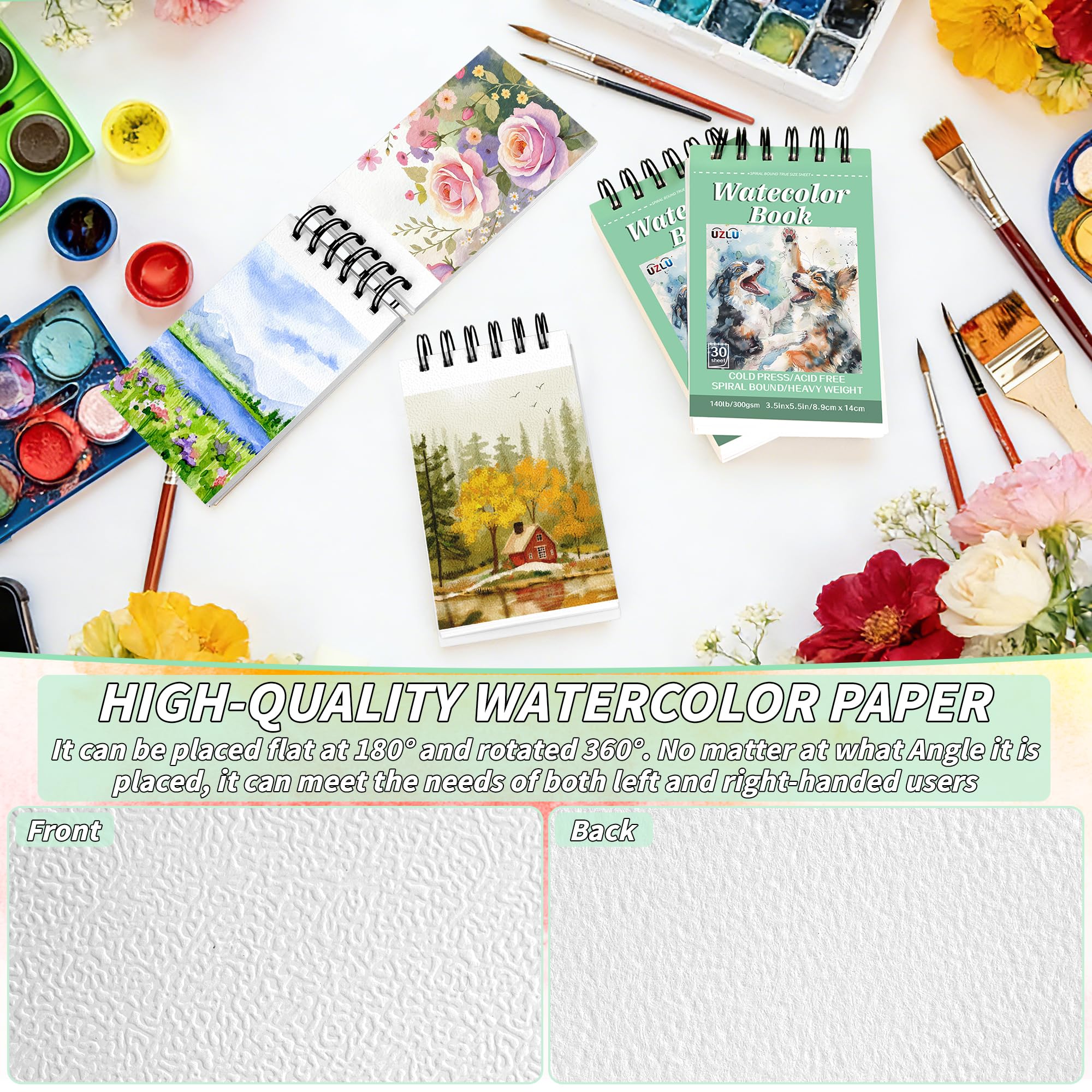 Lot de 6 blocs de papier aquarelle de 8,9 x 14,9 cm, 63,5 kg/300 g/m², presse à froid, sans acide, 180 feuilles de papier aquarelle à spirale pour supports humides et secs, idéal pour adultes