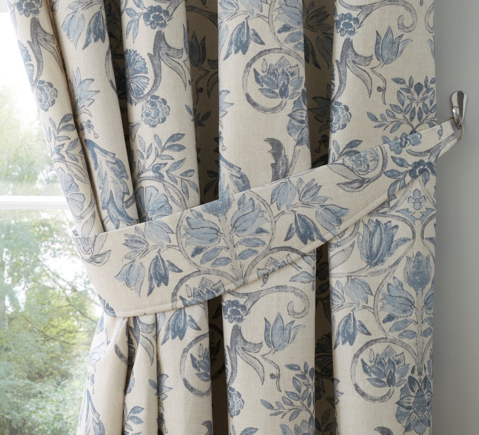 Dreams & Drapes - Rideaux damassés Bleus 229 x 229 cm - 2 Panneaux - 100% Coton - 2 embrasses - Rideaux baroques Vintage - Delft/Willowware en Porcelaine Bleue
