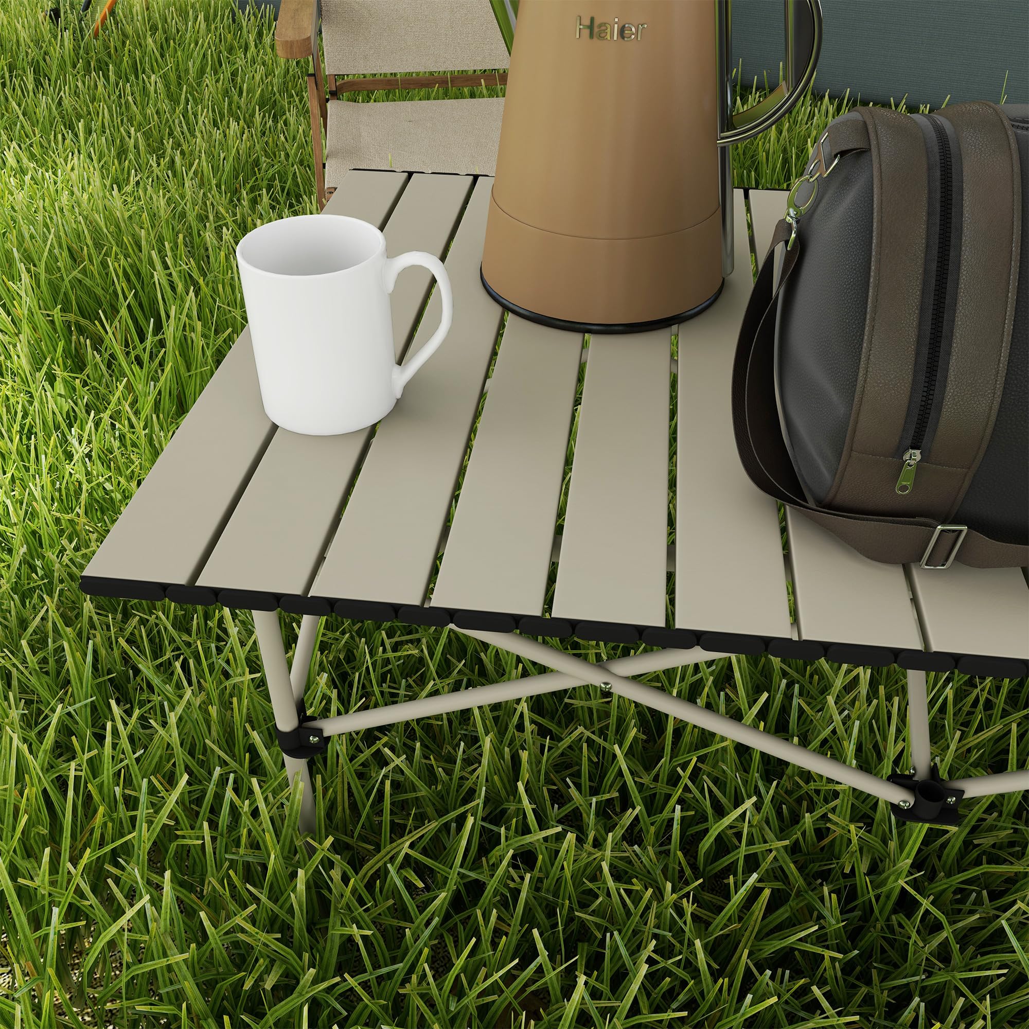 Outsunny Mesa Plegable Camping de Aluminio 95x55x50 cm con Tapa Enrollable y Bolsa de Transporte Mesa de Picnic Portátil Ligera para Acampar Senderismo Playa Caqui
