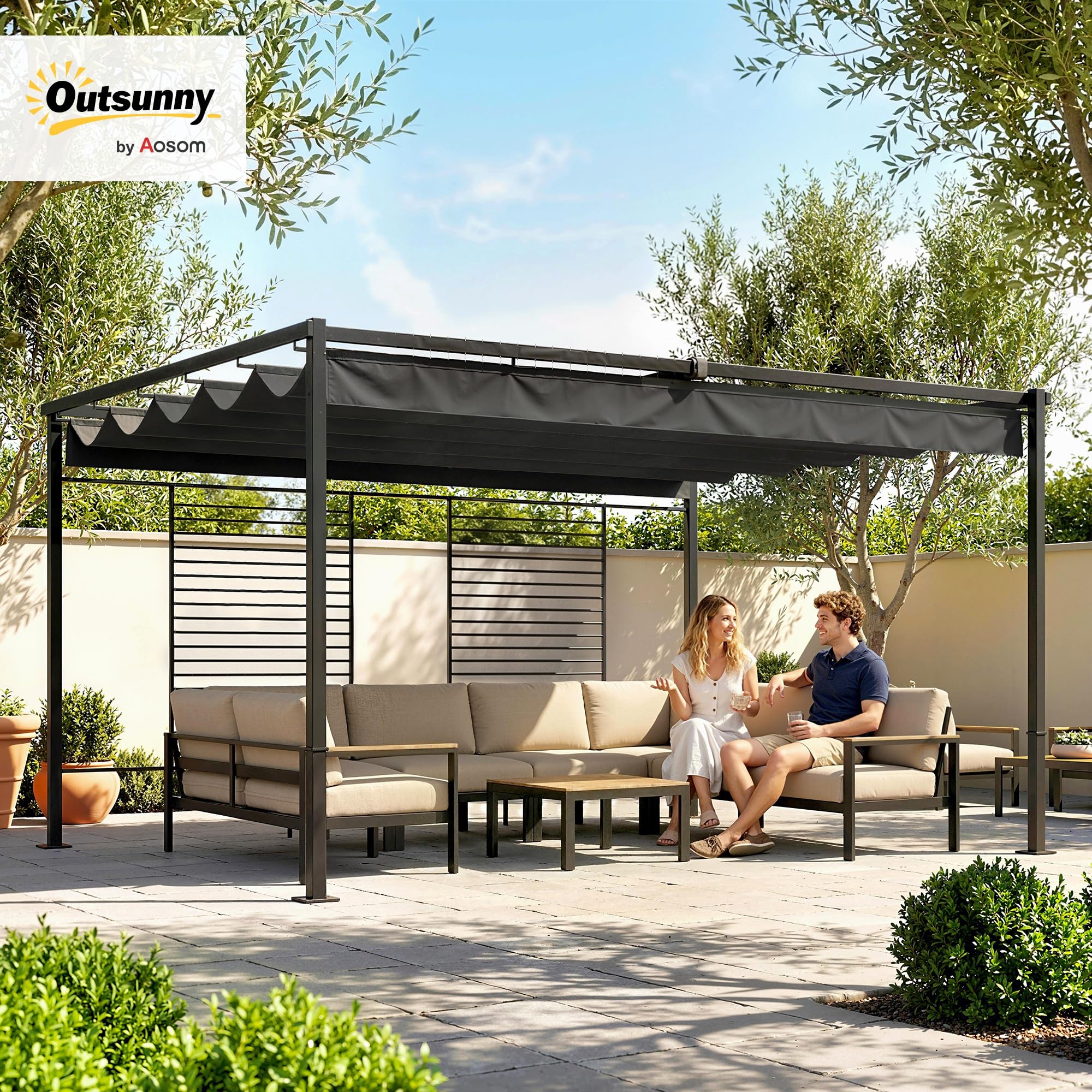 Outsunny Pérgola de Jardín 4x3 m con Techo Retráctil y 2 Paneles de Privacidad Fijos, Cenador de Jardín con Protección UPF50+, Drenaje, Estructura Metálica, Pabellón para Exterior, Gris Oscuro