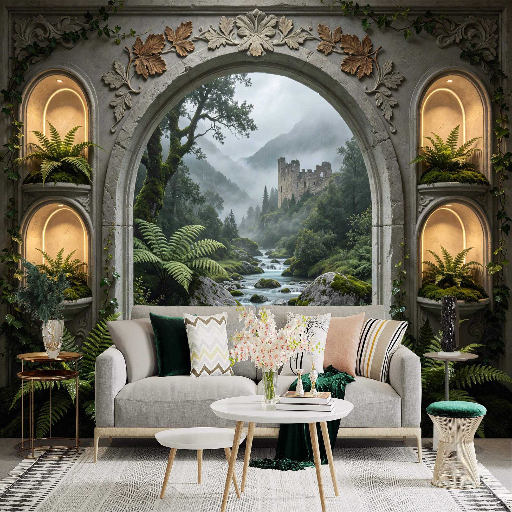Lnzczhyre Dbh260521420 Custom Size Wall Sticker Mural， Enchanted Stone Arch Window， Misty Mountain Castle View， Lush Ferns And River Landscape， For Wall Decoration， Peelandstick Wall Decals.