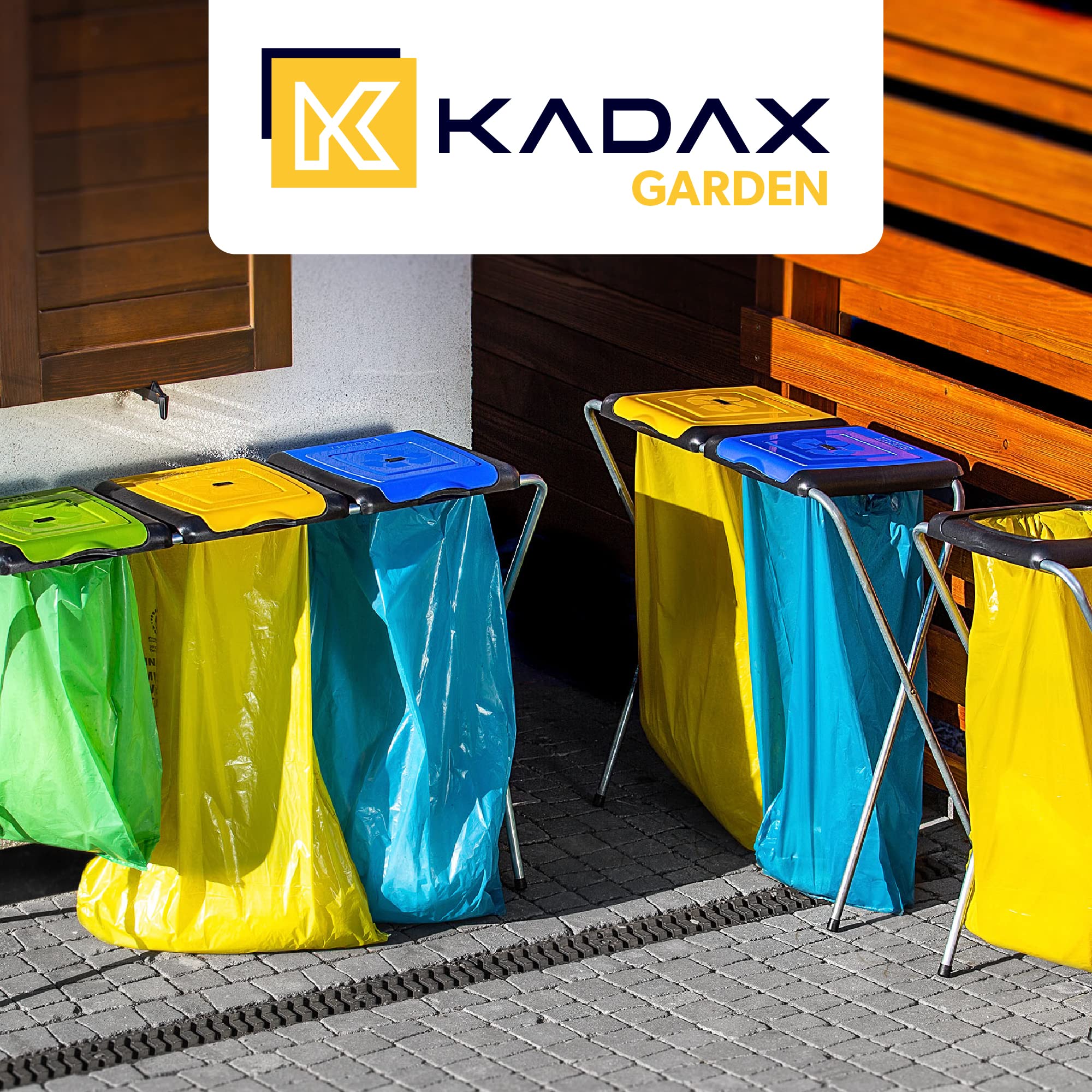 KADAX Ständer für Mülltrennung, stabiler Müllsackhalter mit Kunststoffdeckel, Müllsackständer, Abfallbehälter, Müllbeutelhalter, Müllständer (Doppelt v2)