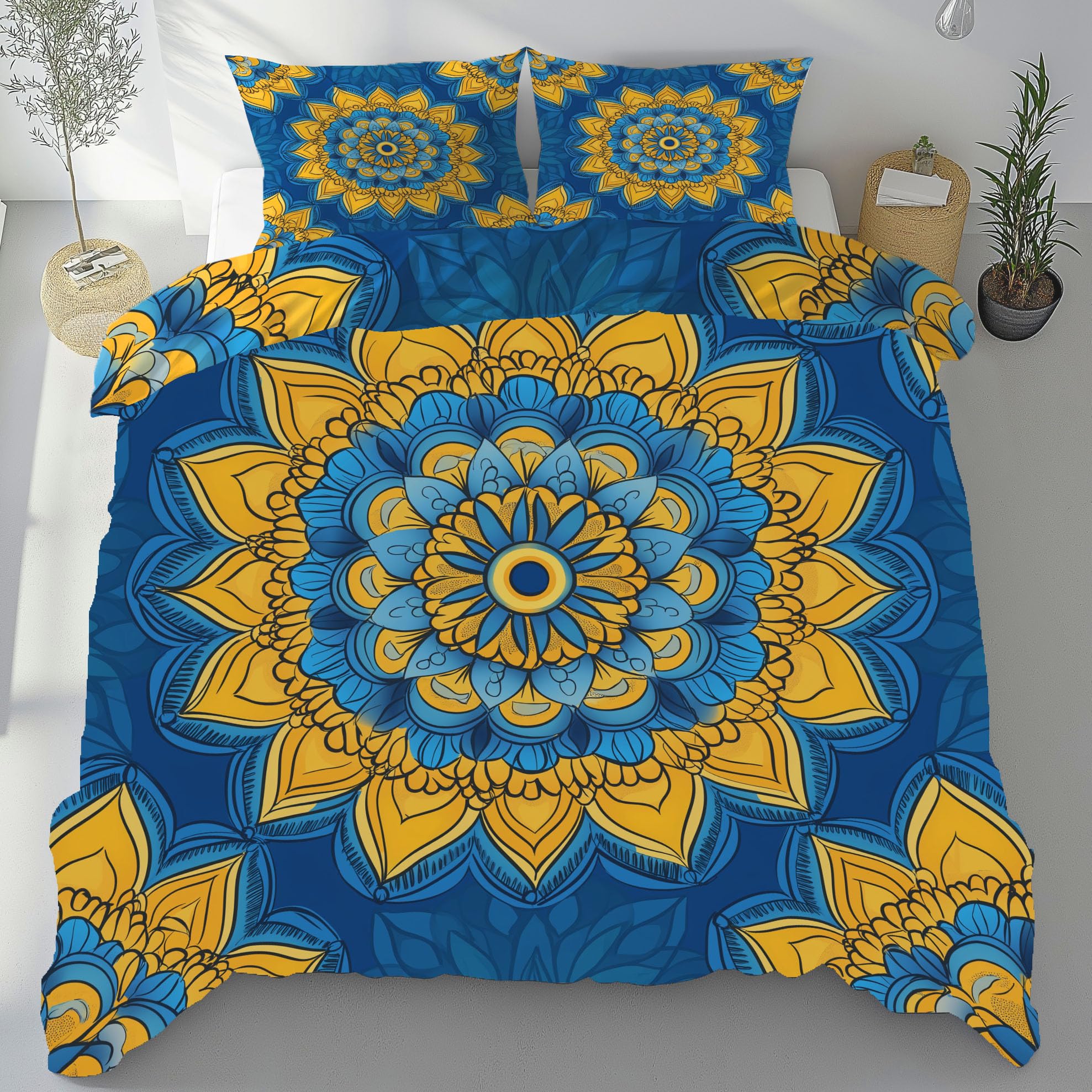 Parure de lit 200x220 mandala bohème en microfibre douce avec taies 80x80