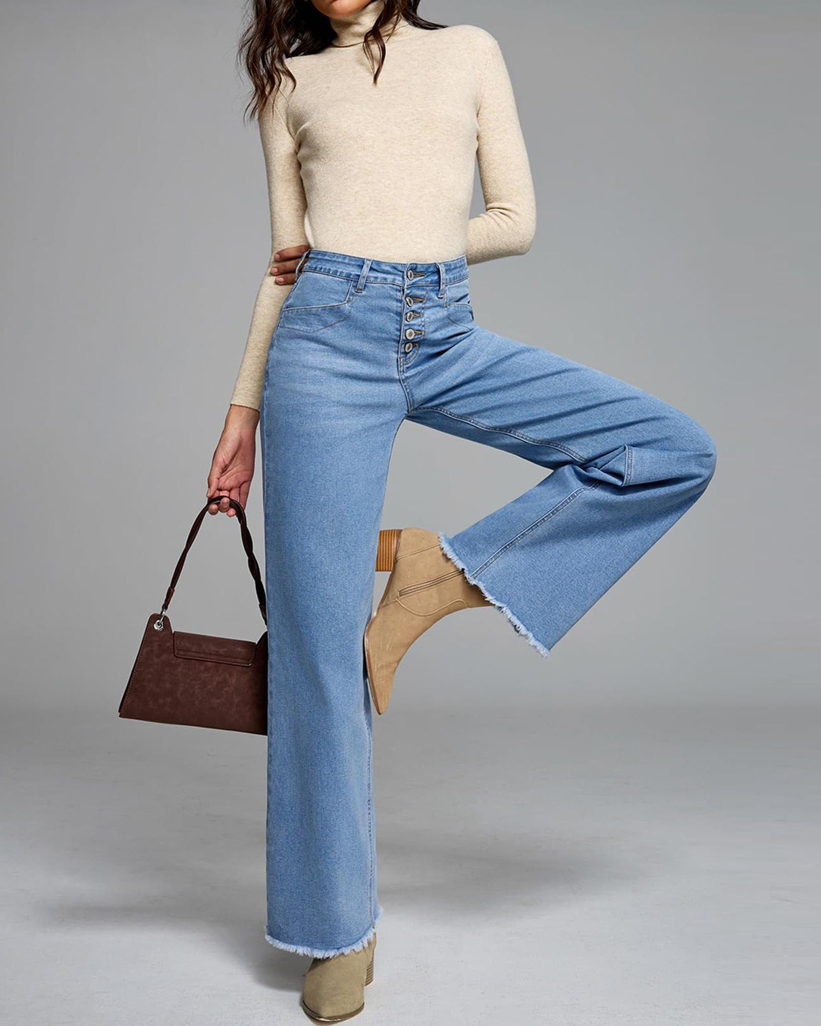 Flvsun Women's Wide Leg Jeans High Rise Stretchy Button Fly Denim