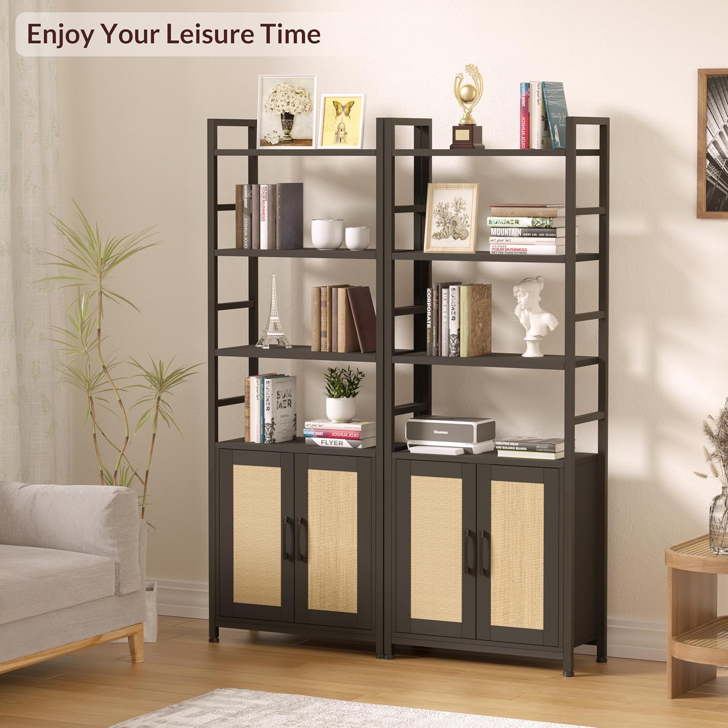 Rattan Bookshelf with Doors 70 inch