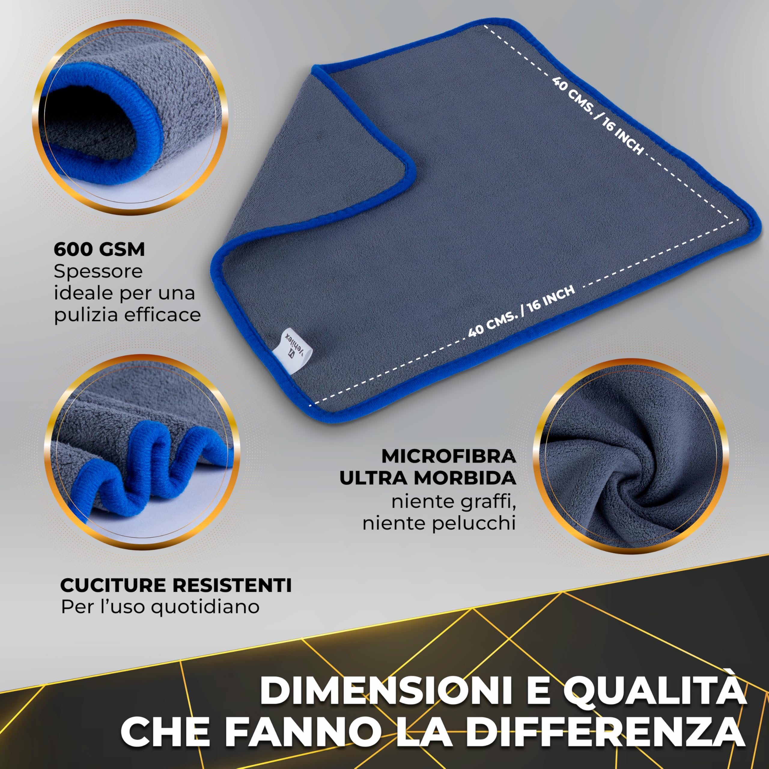 Panno Asciugatura Auto Ultra Assorbente - Set 4x Panni Microfibra 40x40 + 1 Pelle di Daino 66x43-600GSM, No Aloni, Interni-Esterni