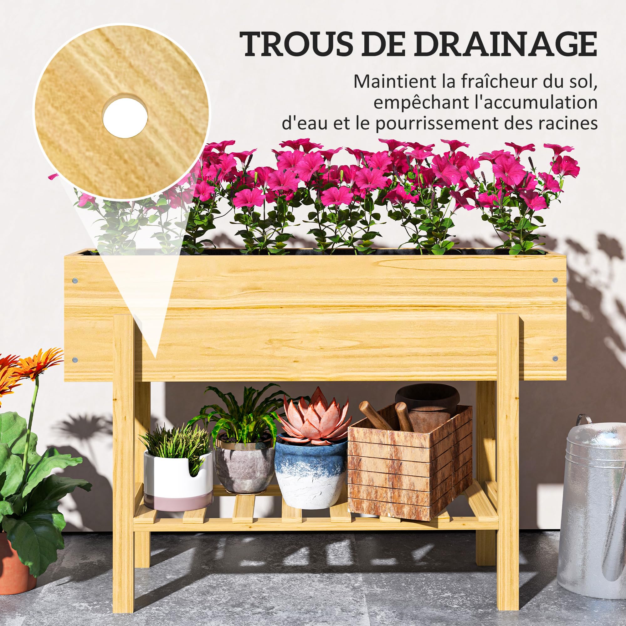Outsunny Jardinière sur Pieds Potager 100 x 30 x 70,5 cm Bois Naturel | Carré Potager De Jardin Sur Pieds, 2 Trous De Drainage, En Bois, pour Fleurs Herbes Légumes