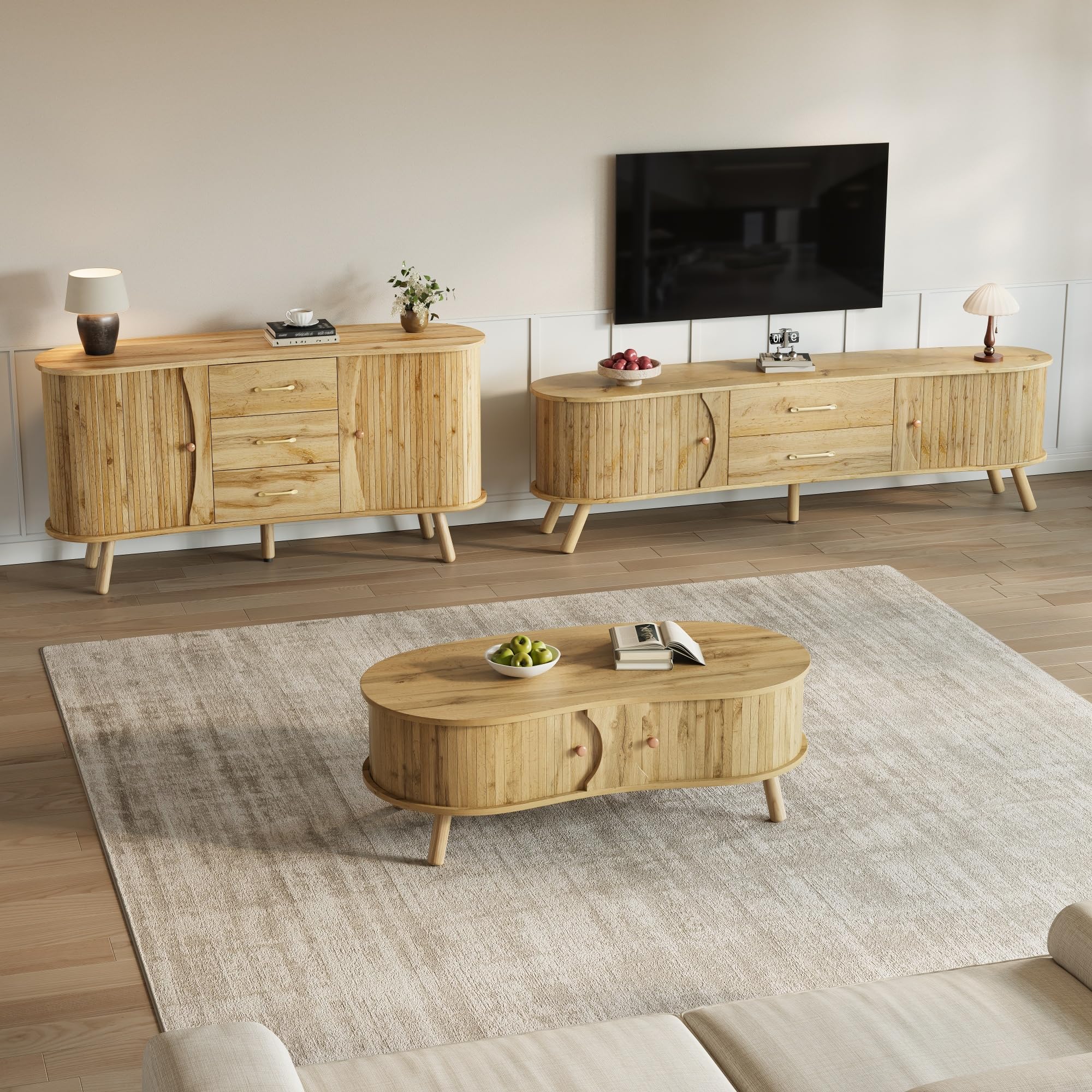 Ensemble de salon 3 pièces de style japonais avec meuble TV bas buffet et table basse en forme de pois organique avec portes coulissantes aspect bois avec pieds en bois massif chêne naturel