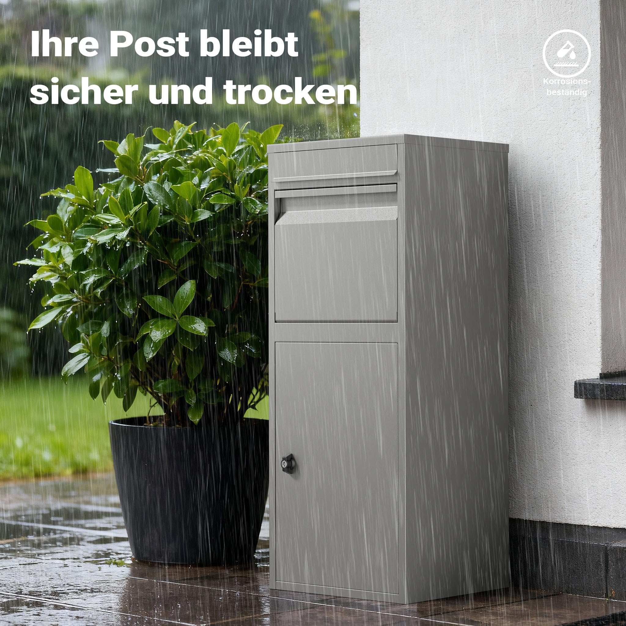 Wiltec Paketkasten grau 410 x 380 x 1020 mm Paketbox aus Stahl mit Pulverbeschichtung abschließbarer Standbriefkasten für Paketannahme zu Hause Zustellung von Paket, Post, Brief