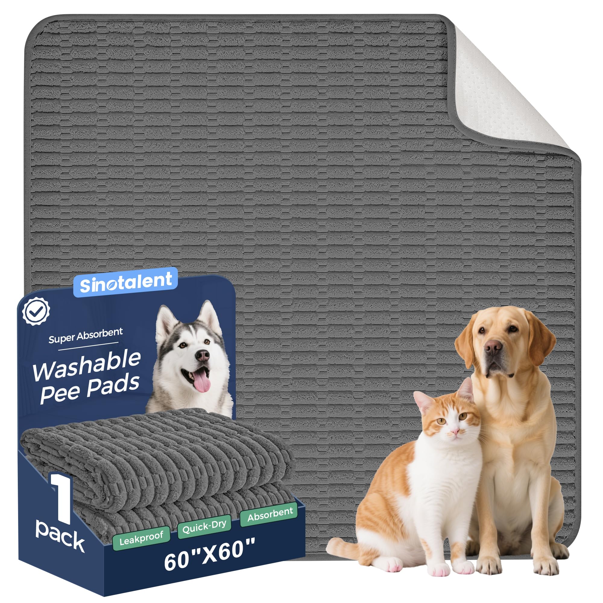 Sinotalent Washable Pee Pads for Dogs, Reusable Puppy Pads Dog Pads, Non-Slip Dog Pee Pads, Leakproof Pet Pee Pads Wee Wee Pads for Dogs. (Dark Grey, 60"x60"(Pack of 1))