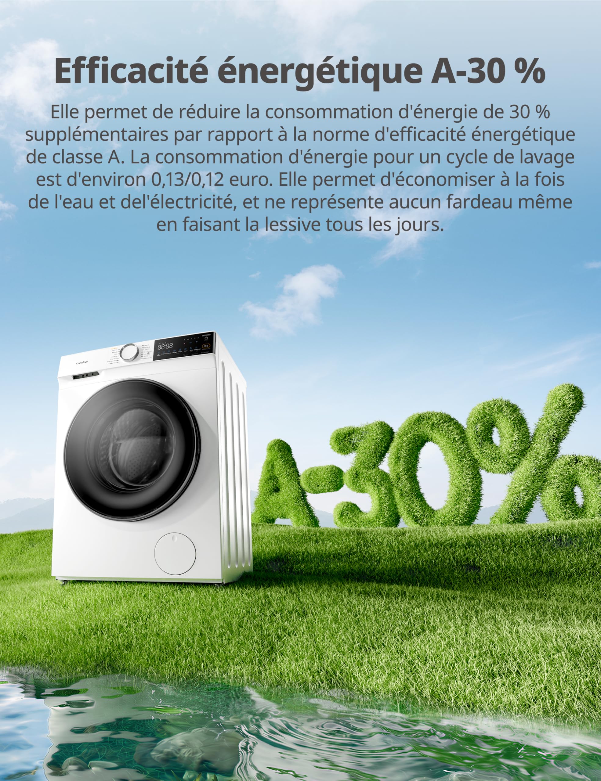 COMFEE' Lave Linge 10kg Classe énergétique A-30% 14 programmes Lavage intelligent contrôlable à distance Élimination des poils d'animaux Parfum+ Blanc