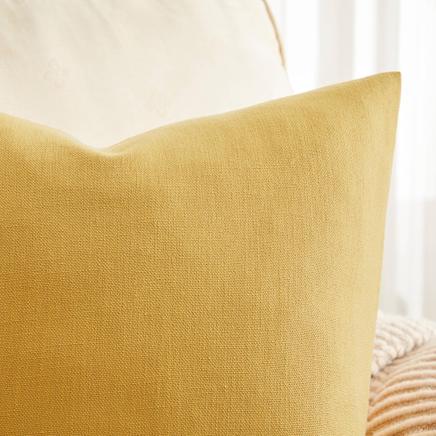 ZeeMart Rustic Cotton Linen Throw Pillow Covers Set of 2, 24x24 Inch Yellow, Farmhouse Style Decorative Couch Pillow Cases Cushion Covers for Sofa Bed Living Room Home Decor