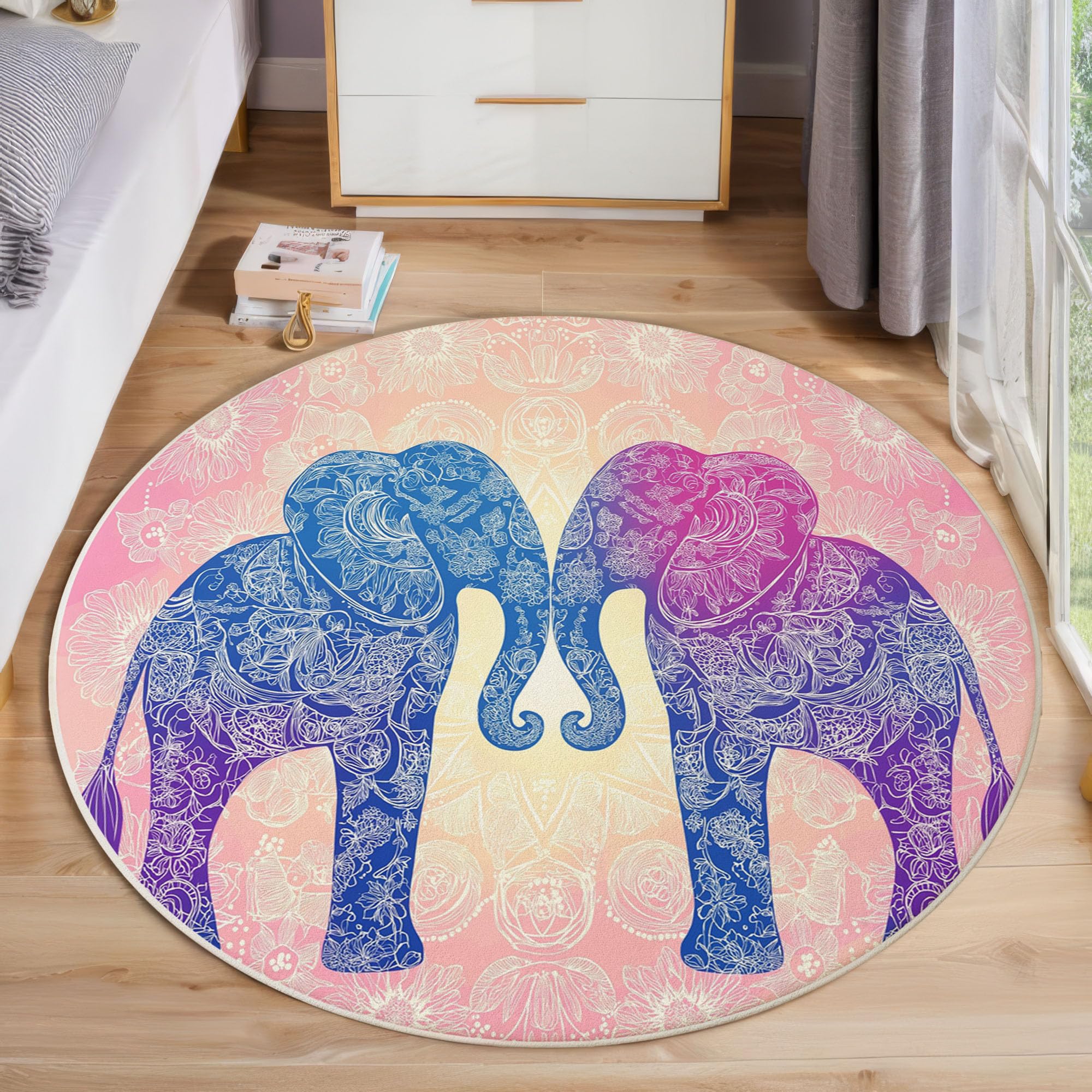 Mandala Elefante Rond Tapis De Décoration, Boho Retrò Tapis Rond Lavable en Machine Anti-Dérapant Intérieur Ultra Doux Chambre Sol Canapé Salon (180cm, Rosa)