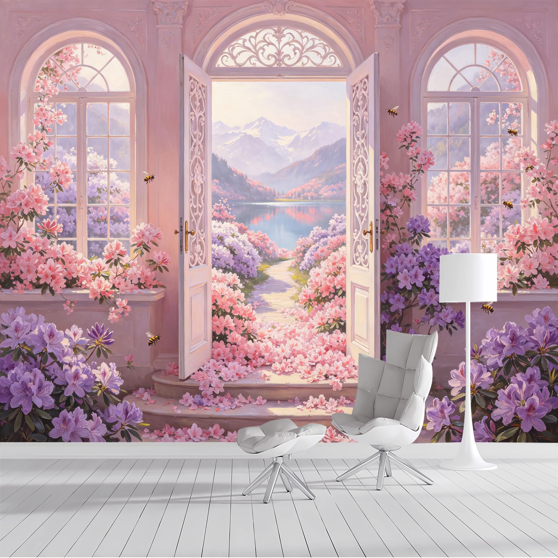 Custom Size Wall Mural Pink Floral Garden Mountain Lake Window View Impressionist Oil Painting SelfAdhesive Wall Fabric Removable Wallpaper Wall Decor for Living Room Bedroom Bathroom
