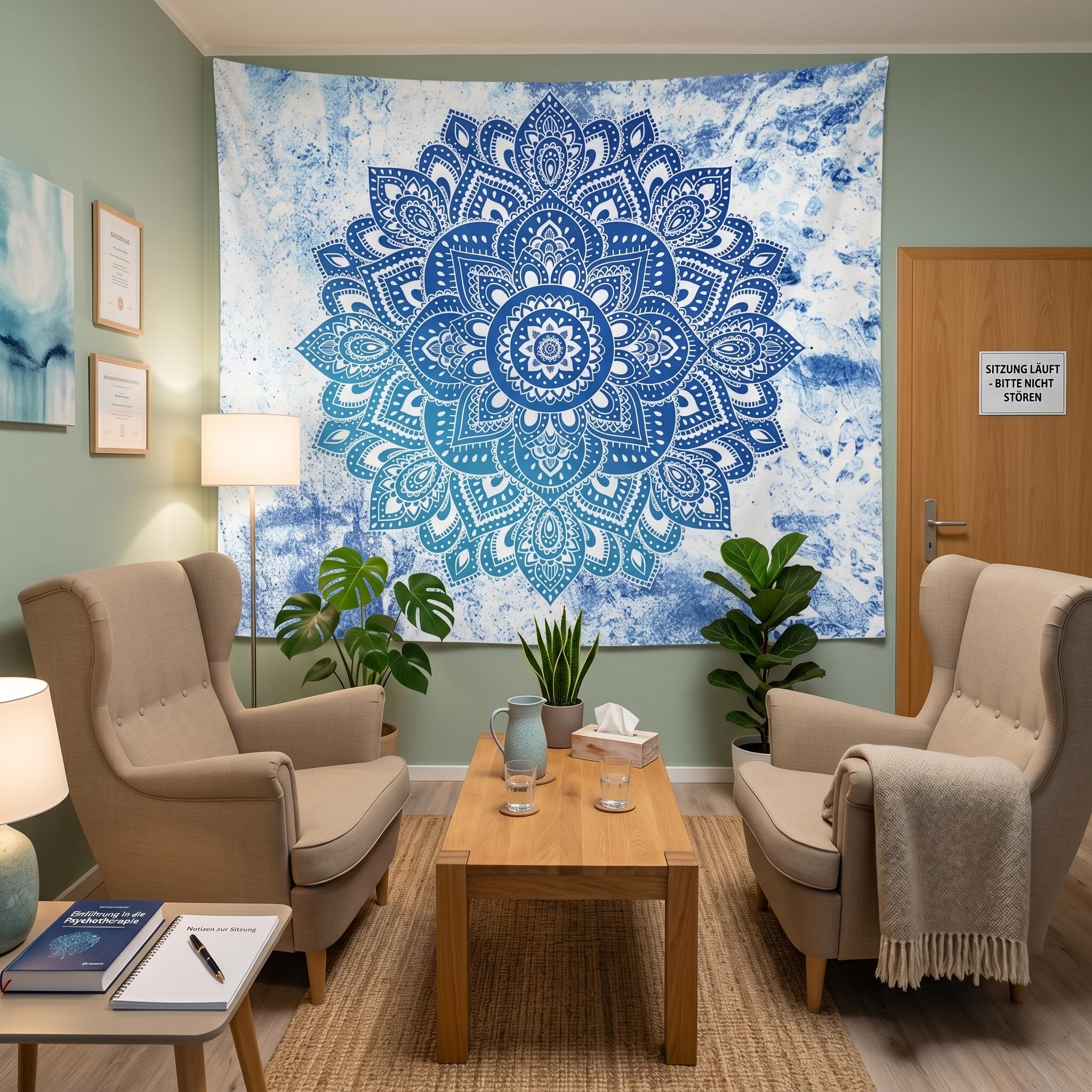 Yosugar Dywan ścienny do sypialni, chusta na ścianę, dekoracja pokoju, dywan ścienny w stylu boho, do dekoracji pokoju, sypialni, salonu (jasnoniebieska mandala, 200 x 150 szer. cm, bez ramki)