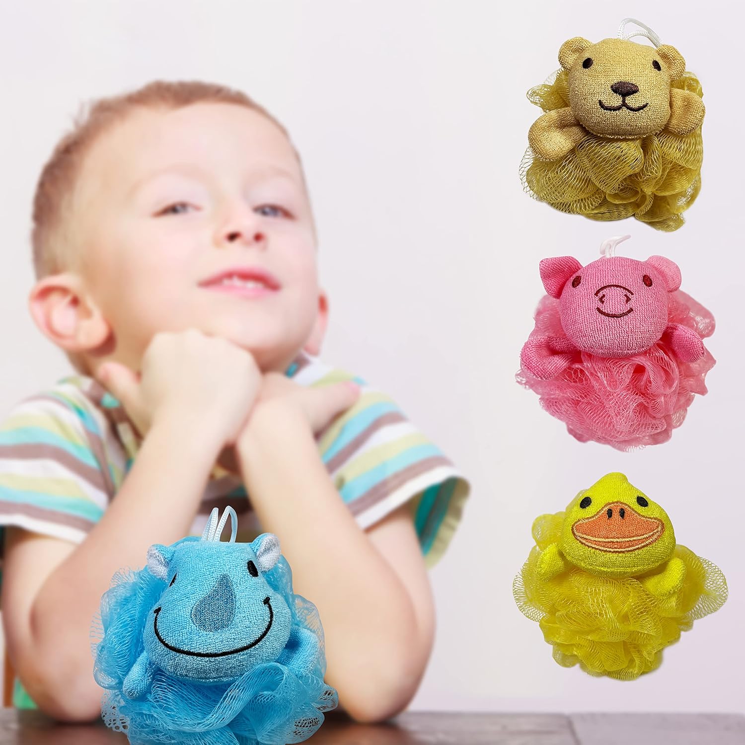 (4 Pack) Lovely Animal Design Kids Exfoliating Bath Scrubber Body Scrubber Shower Ball for Baby Toddler Kids Gentle Exfoliating Bath Sponge Loofah Pouf in Colorful Design (Joyful TERRICOLE) - Image 2