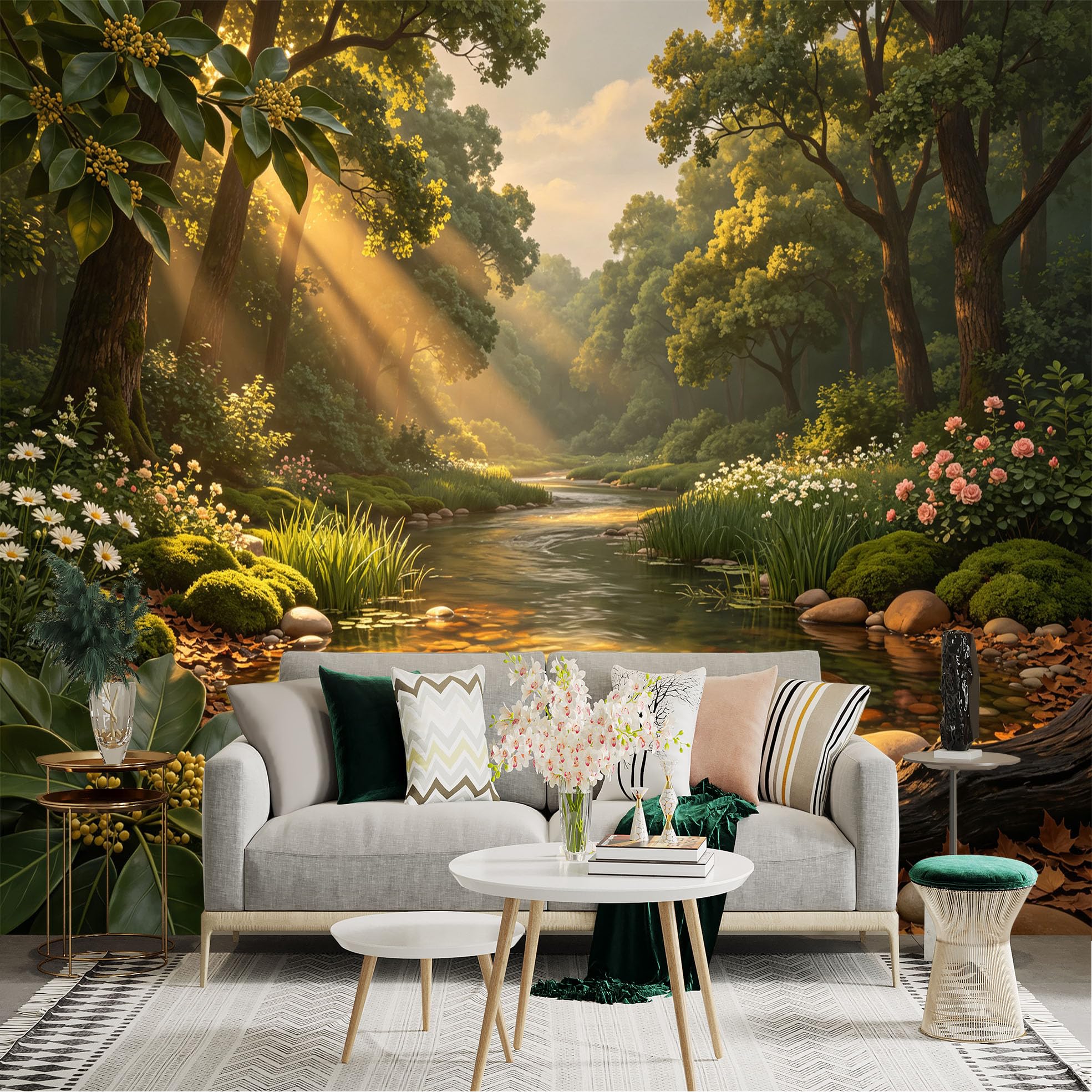 Lnzczhyre Bh260719255 Custom Size Wall Sticker Mural， Sunlit Forest Stream， Lush Woodland Landscape， Wildflowers By River， Nature Scenic View， For Wall Decoration， Peelandstick Wall Decals.