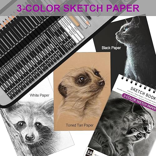 Miniatura 7 de HIFORNY Juego de 60 lápices de dibujo, lápices de bocetos, suministros de arte con cuaderno de bocetos de 3 colores, grafito, carbón, lápices de
