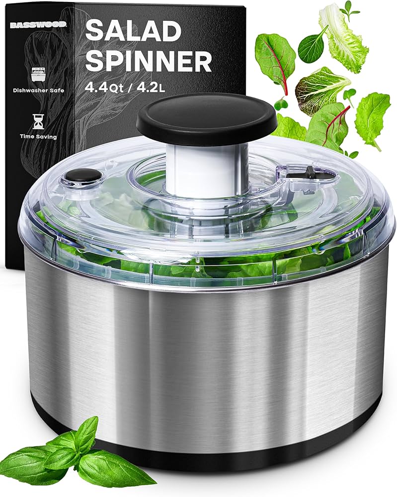 Stainless Steel Pump Salad Spinner Large - Easy Compact Kitchen Tool - Stainless Steel Bowl, Drain & Colander - Lettuce Spinner, Vegetable Dryer, Fruit Washer, Pasta & Fries Produce Strainer - 4.7 Qt