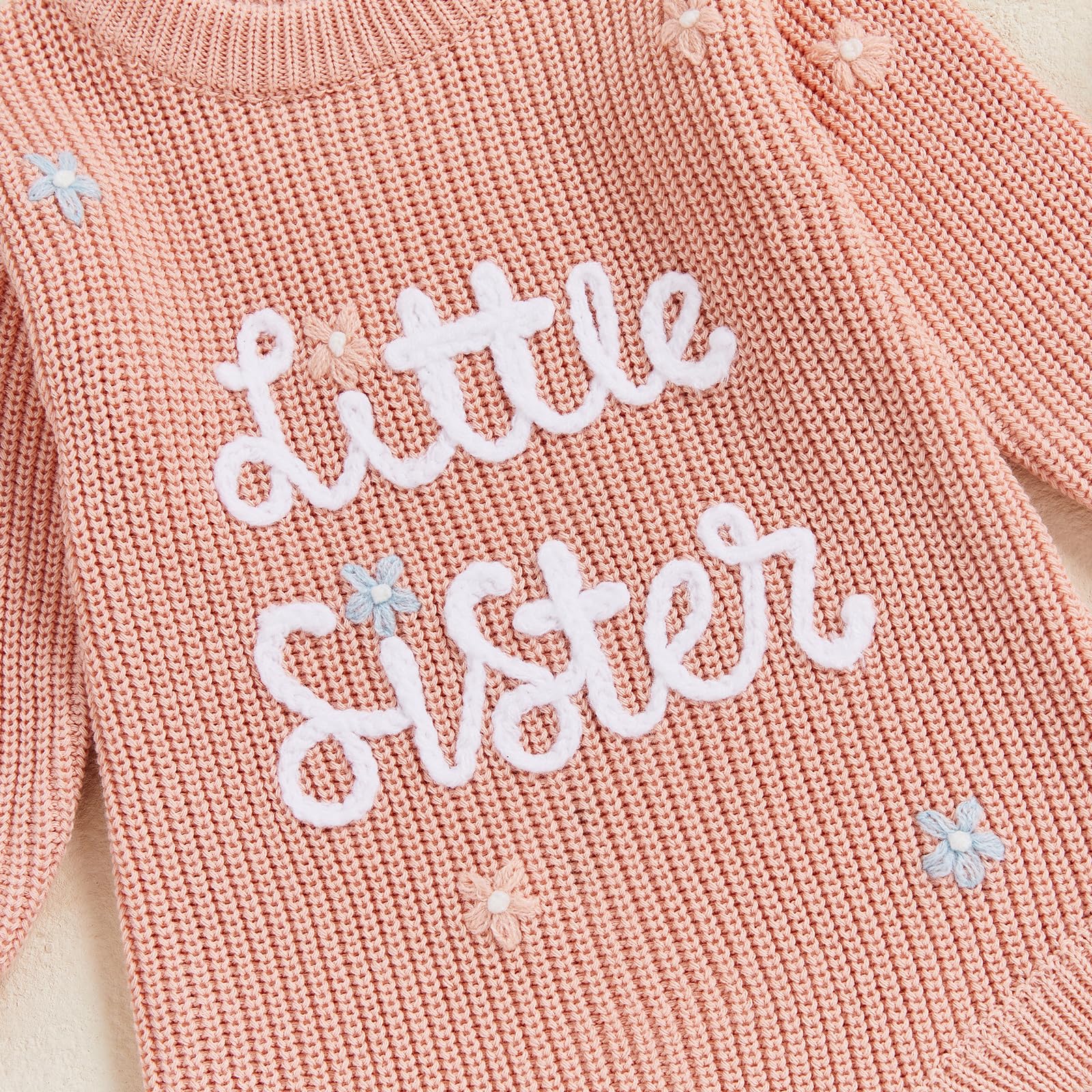 Baby Girl Sweater Little Sister Flower Embroidery Long Sleeve Crew Neck Knitted Rompers Newborn Autumn Winter Bodysuits Girls Jumpsuit 0-12M