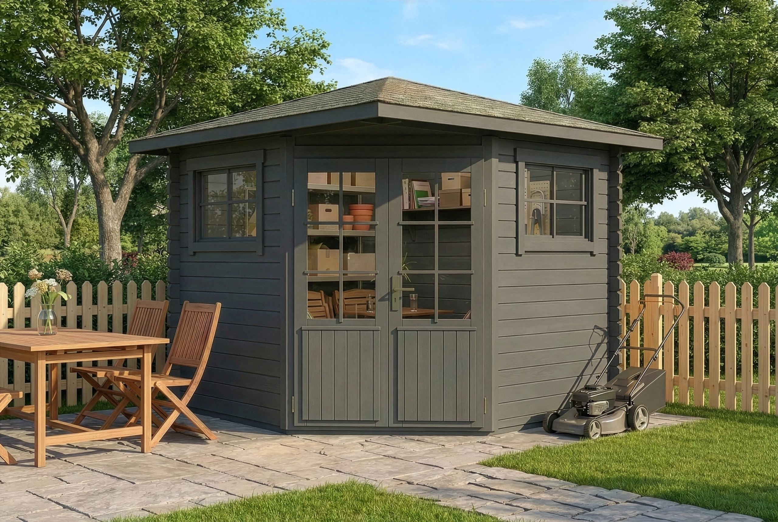 Alpholz Sunny-B Gartenhaus aus Holz in Grau – kompakte Blockbohlenlösung