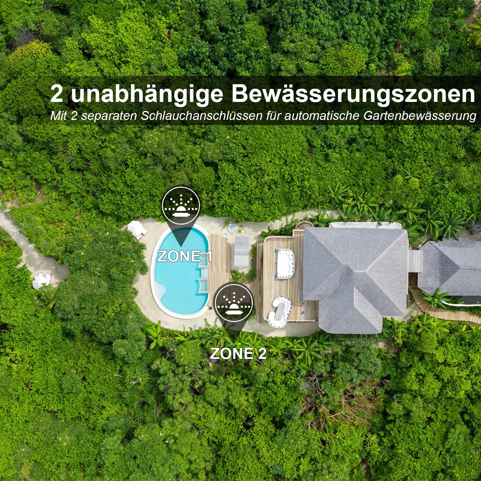 Bewässerungscomputer 2 Ausgänge, Großes LCD-Display Bewässerungsuhr, Automatische Bewässerung Zeitschaltuhr mit Regenverzögertem Manuellem Wasserhahn-Zeitschaltuhr für Garten Rasen