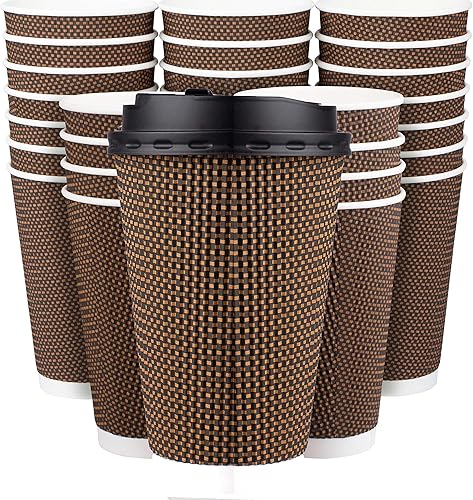 Promora Tazas de café desechables marrones con tapas de 16 onzas, tazas de papel onduladas de papel aislado prémium para café caliente, tazas de