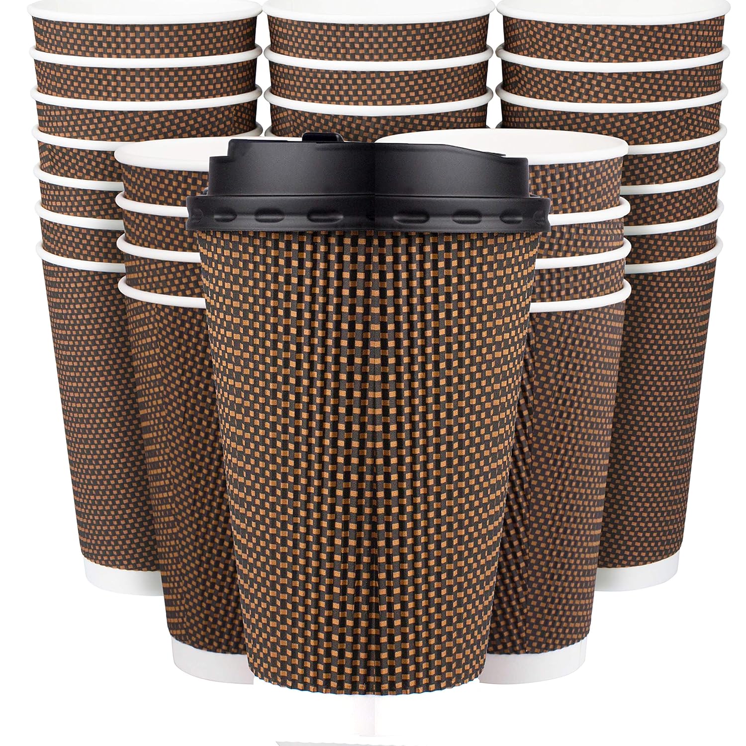 Promora Brown Disposable Coffee Cups With Lids 16 oz Premium Insulated Paper Ripple Cups for Hot Coffee Paper