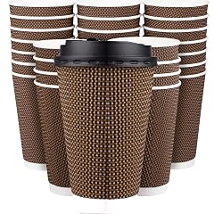 Promora Brown Disposable Coffee Cups With Lids 16 oz Premium Insulated Paper Ripple Cups for Hot Coffee Paper