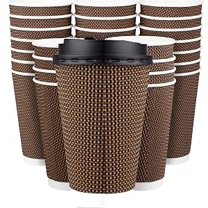 Promora Brown Disposable Coffee Cups With Lids 16 oz Premium Insulated Paper Ripple Cups for Hot Coffee Paper