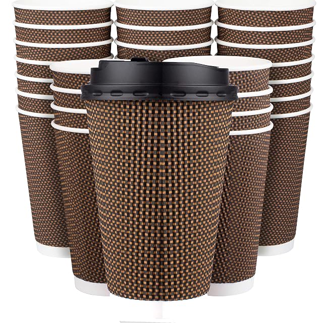 Promora Brown Disposable Coffee Cups With Lids 16 oz Premium Insulated Paper Ripple Cups for Hot Coffee Paper
