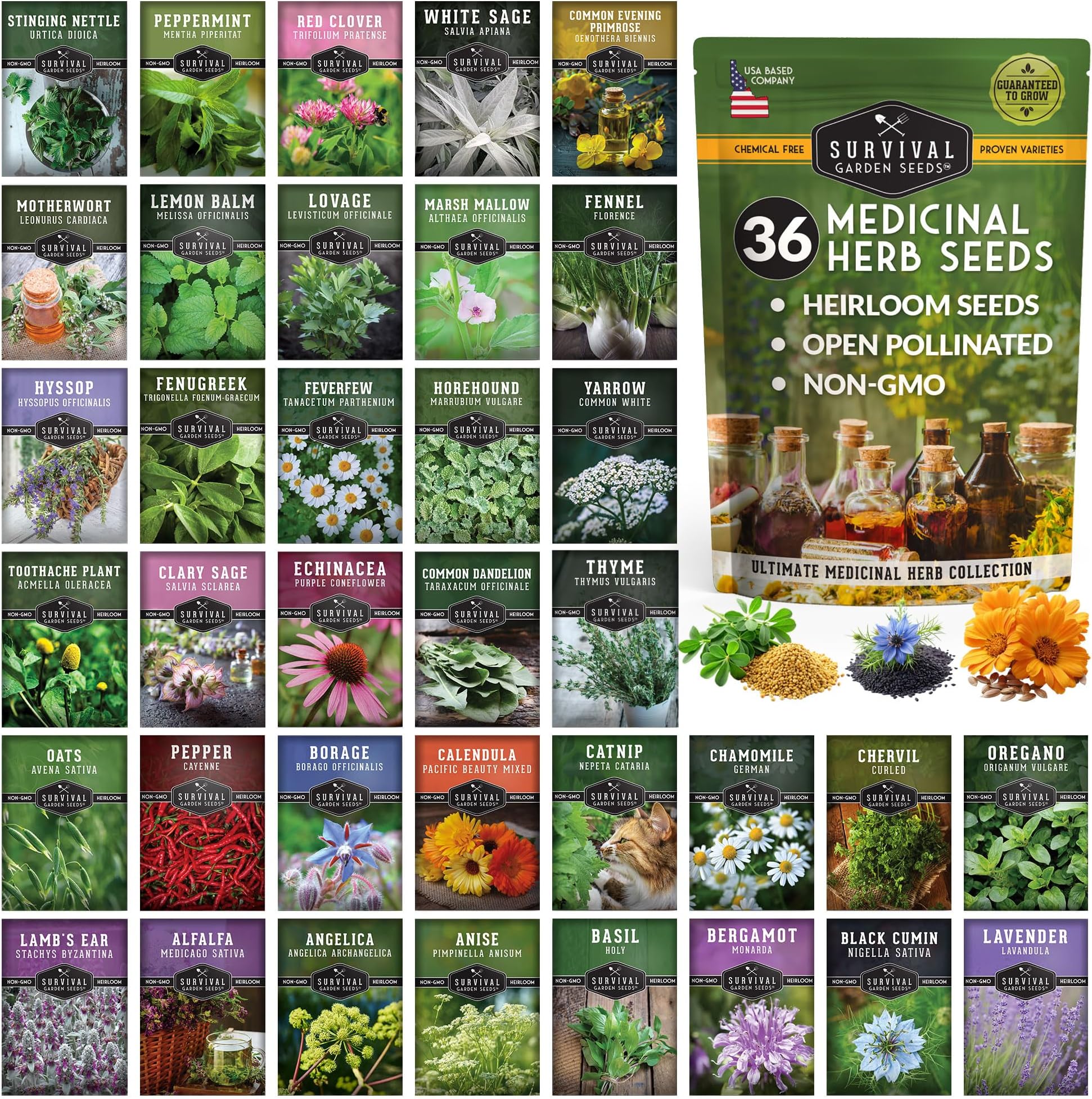 Ultimate Medicinal Herb Seeds Variety Pack – 36 Heirloom Varieties, 28,000+ Lavender, Calendula, Echinacea, Peppermint, Yarrow – Non-GMO Garden Kit by Survival Garden Seeds