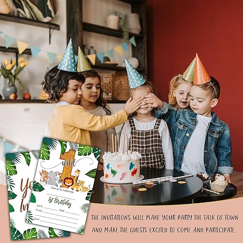 Miniatura 4 de KFNER Wild One Invitaciones de cumpleaños, tarjeta de invitación para fiesta de cumpleaños de animales de safari del primer safari, recuerdos de