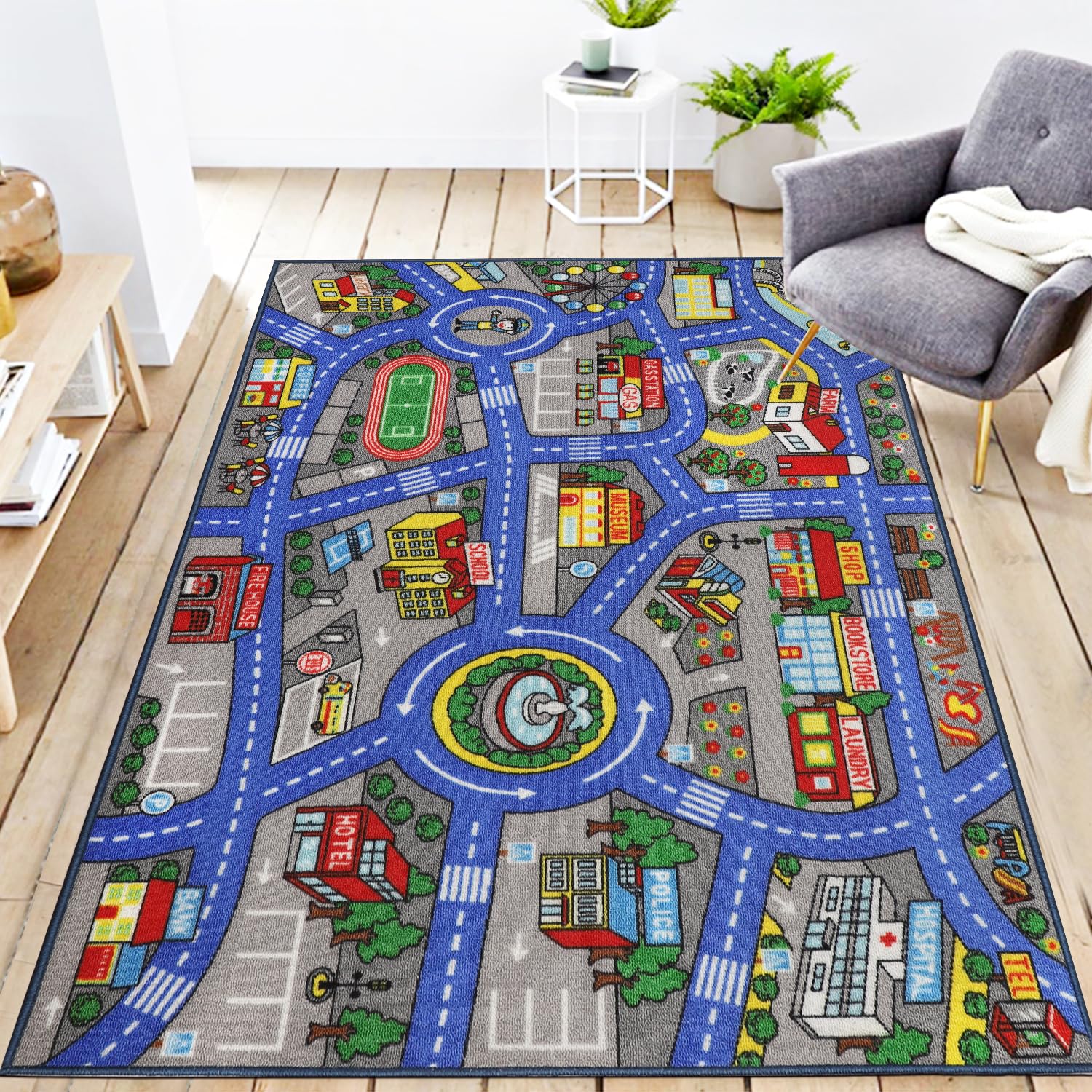 Capslpad Autoteppich Kinder 100x160cm rutschfest Kinderteppich Stadtplan Interaktiver Spielteppich Waschbar Kreativ Pädagogisch Spielmatte für Kinder Teenager Kinderzimmer Spielzimmer Dekor, Blau