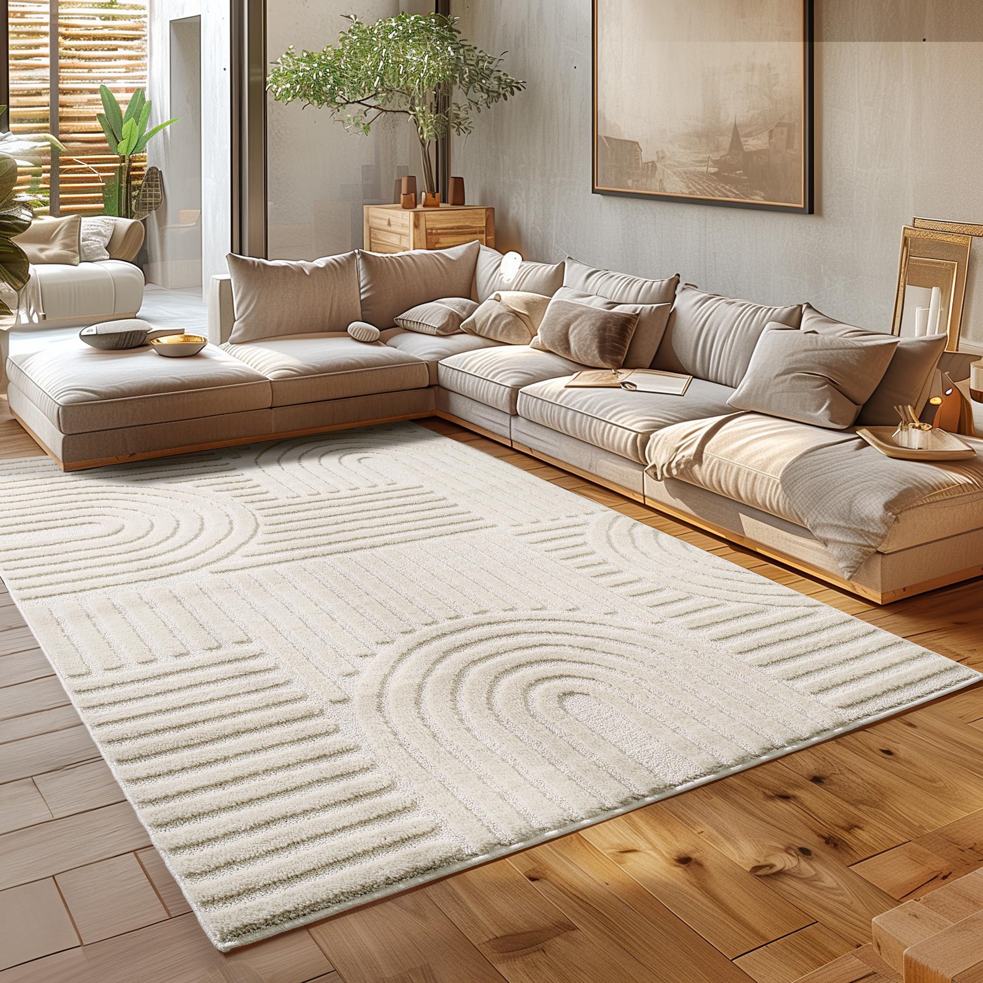 HomebyHome Alfombra de pelo corto para salón, 200 x 300 cm (200 x 290 cm), color crema con efecto 3D, lavable, mullida y extrasuave, diseño bohemio escandinavo para dormitorio y comedor