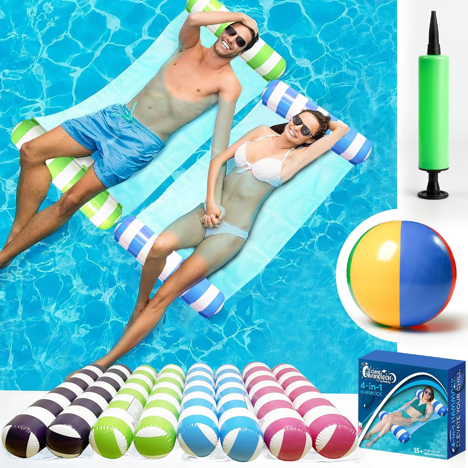 4 Pack Inflatable Pool Hammock Floats with Air Pump and Beach Ball, 4-in-1 Water Hammock Chair, Saddle, Lounge, and Drifter, Adult Size Pool Floaties for Swimming Pool