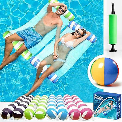 Paquete de 4 hamacas inflables para piscina con bomba de aire y pelota de playa, hamaca de agua 4 en 1, silla de montar, salón y flotador,