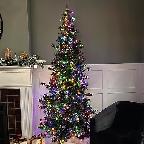 Miniatura 85 de Fraser Hill Farm Árbol de Navidad artificial flocado de abeto búfalo de 6.5 pies con doble luces LED multicolor y blanco cálido y soporte, árbol LED