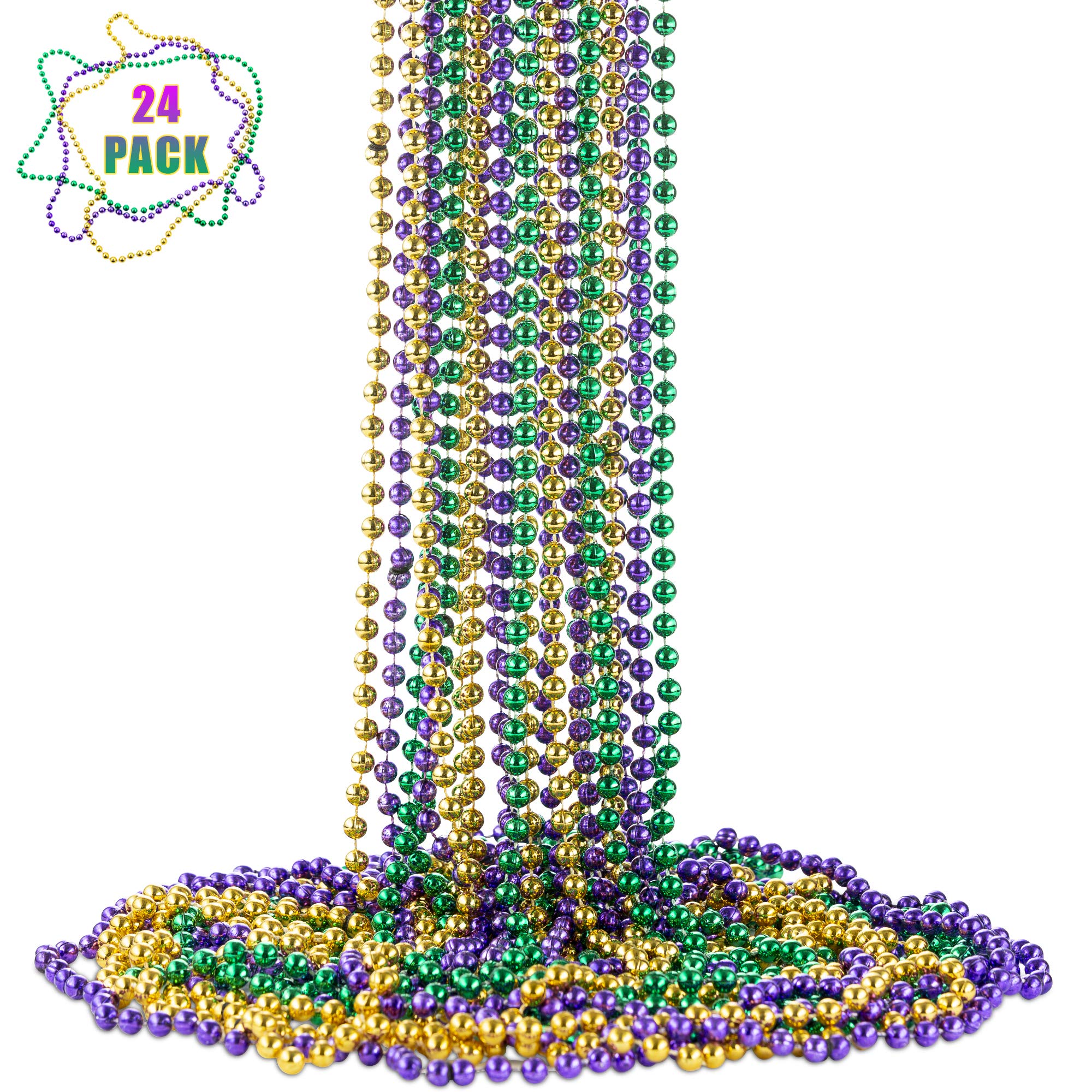 FAVONIR Mardi Gras Assorted Beaded Necklace 24 Pack of Metallic Round Multi Colors Costume Necklace Accessory 33 Inch 7 mm– for Events and Party Favor Novelty