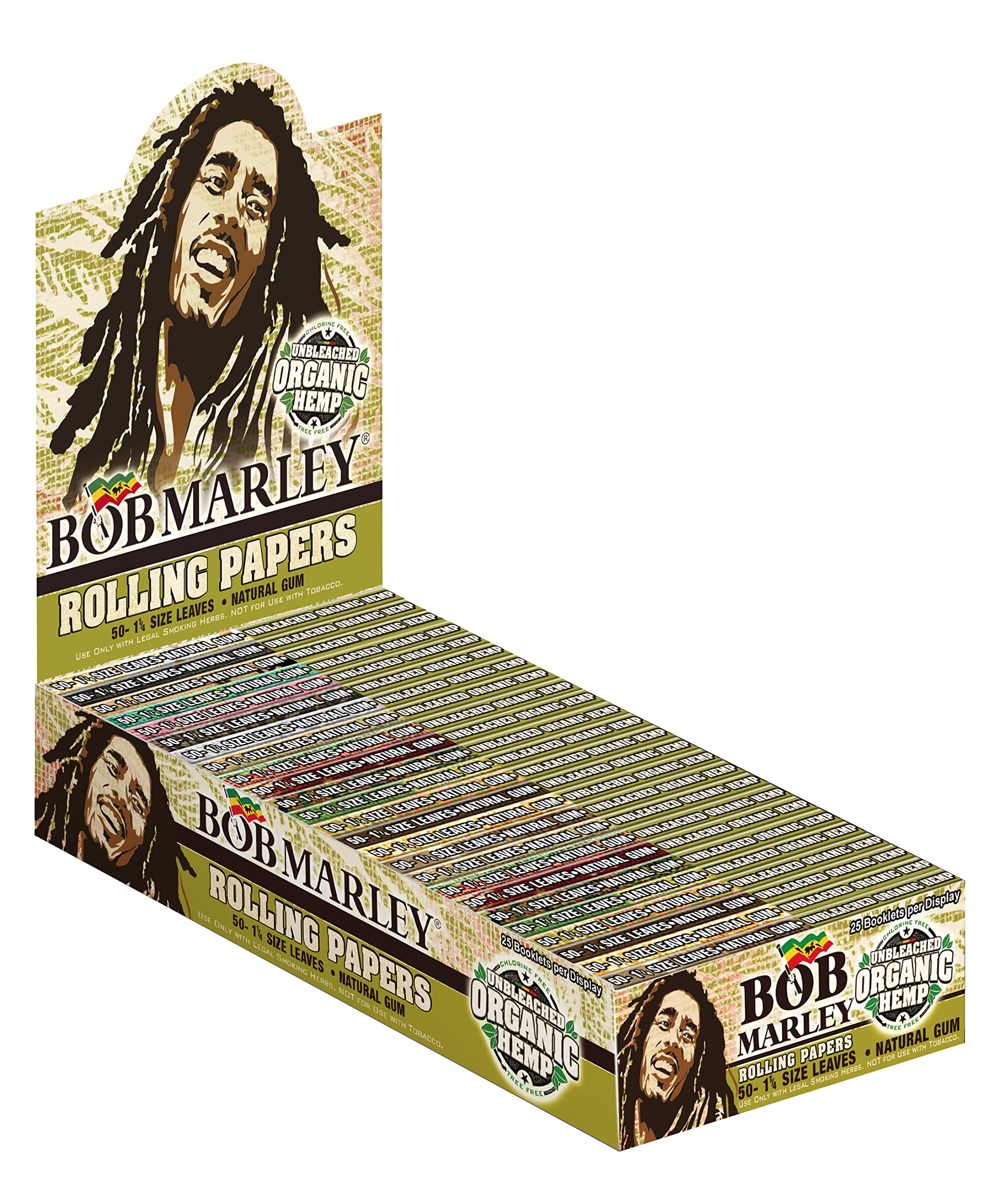 Bob Marley Medium Size Unbleached/Brown Rolling Cigarette Paper (Pack of 25 / Full Box) + Free 2 Pcs Cone Holder Random Colour By Smoking Trading House