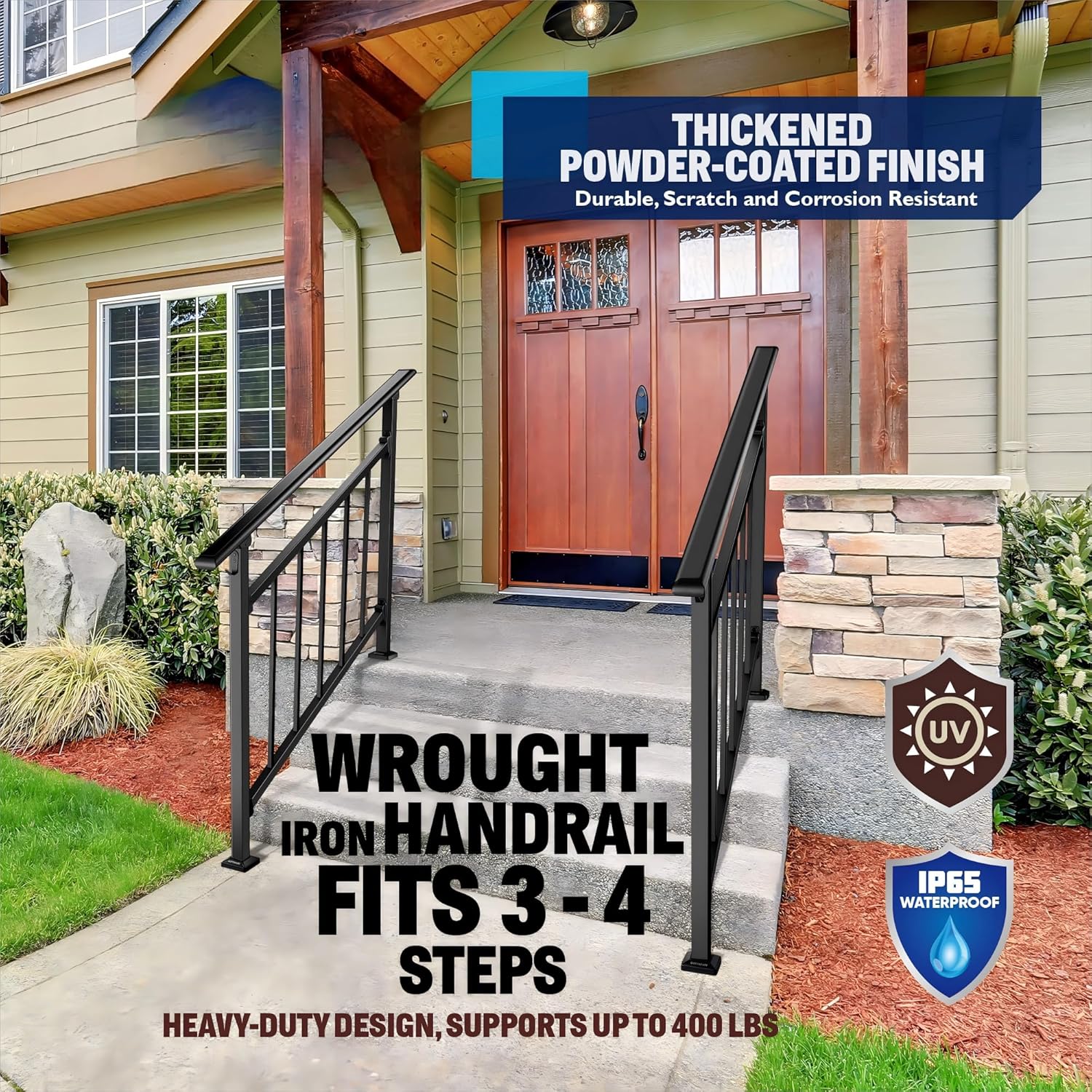 New Version 3-4 Steps Handrails for Outdoor Steps, Black Wrought Iron Stair Railing for Exterior Steps, Transitional Hand Rails with Balusters, Hook and Installation Kit for Concrete Wooden Steps