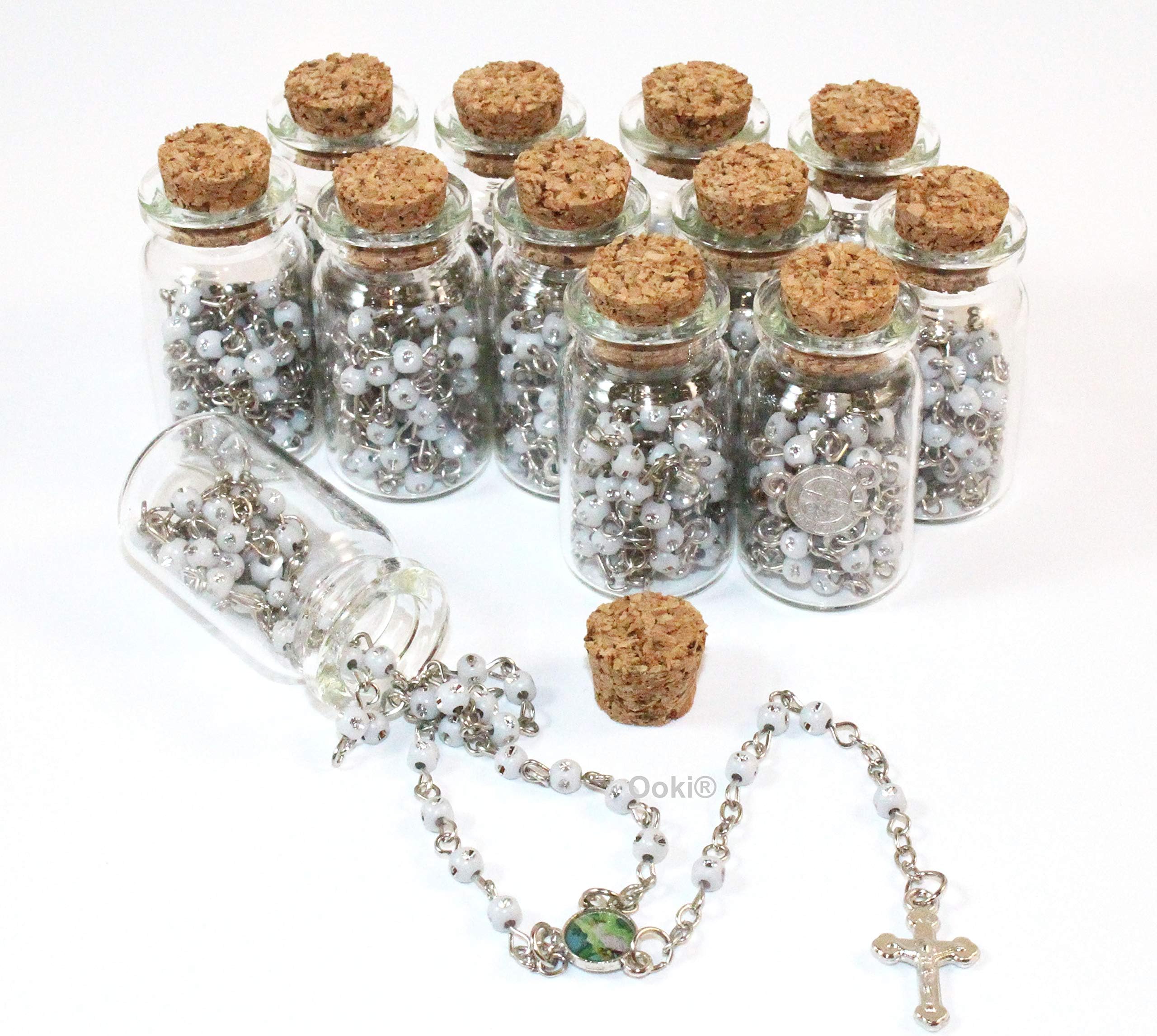 12 pcs Angel Guardian Rosary In Glass Jar Bottle Beads White Beaded Rosary Silver CATHOLIC Crucifix Necklace Virgin Mary lot of 12