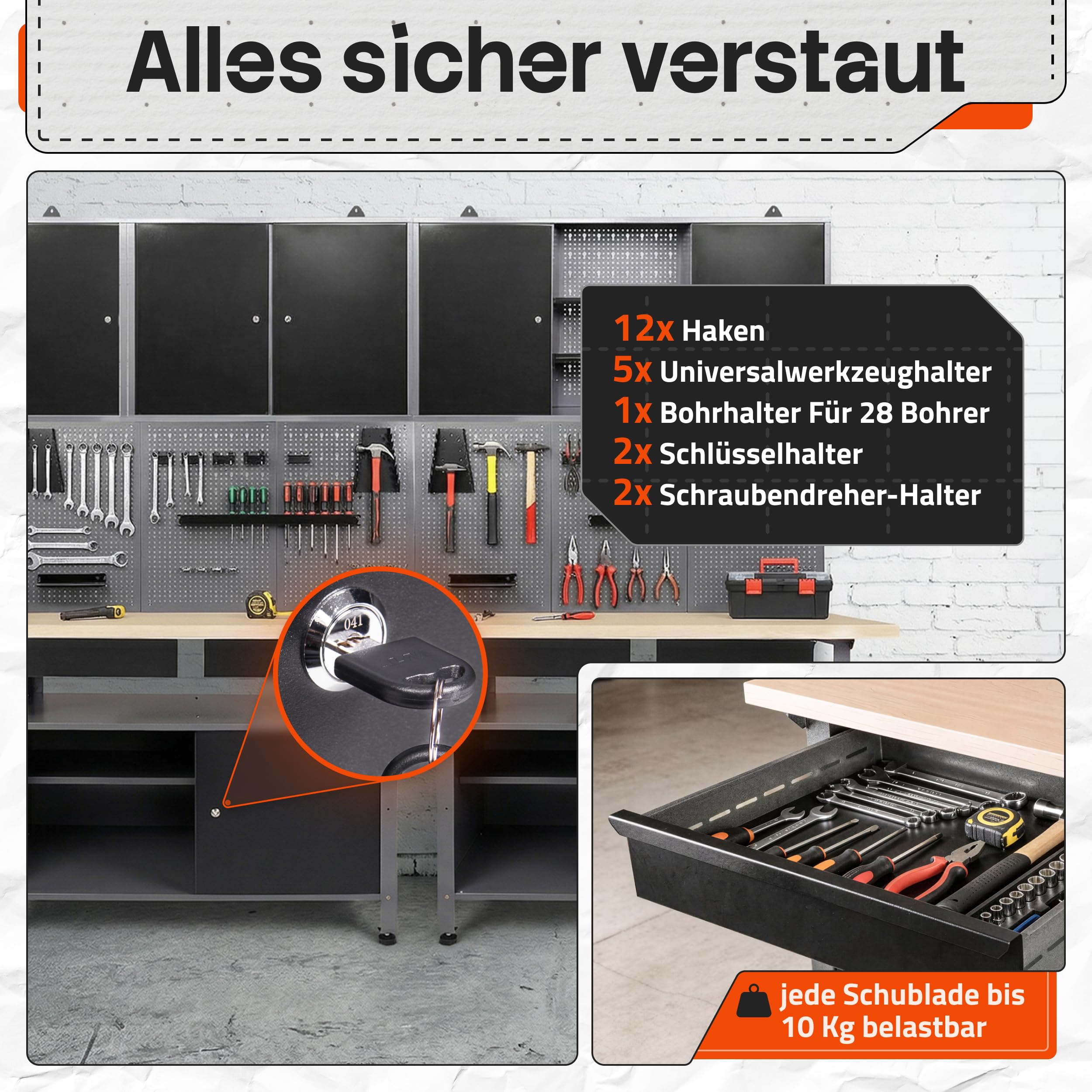 Ondis24 Werkstatteinrichtung Werkstatt Set Werkbank Fritz Hängeschrank Werkzeugwand Metall Schwarz Grau (Hängeschrank Ben & Tim, 242 cm)