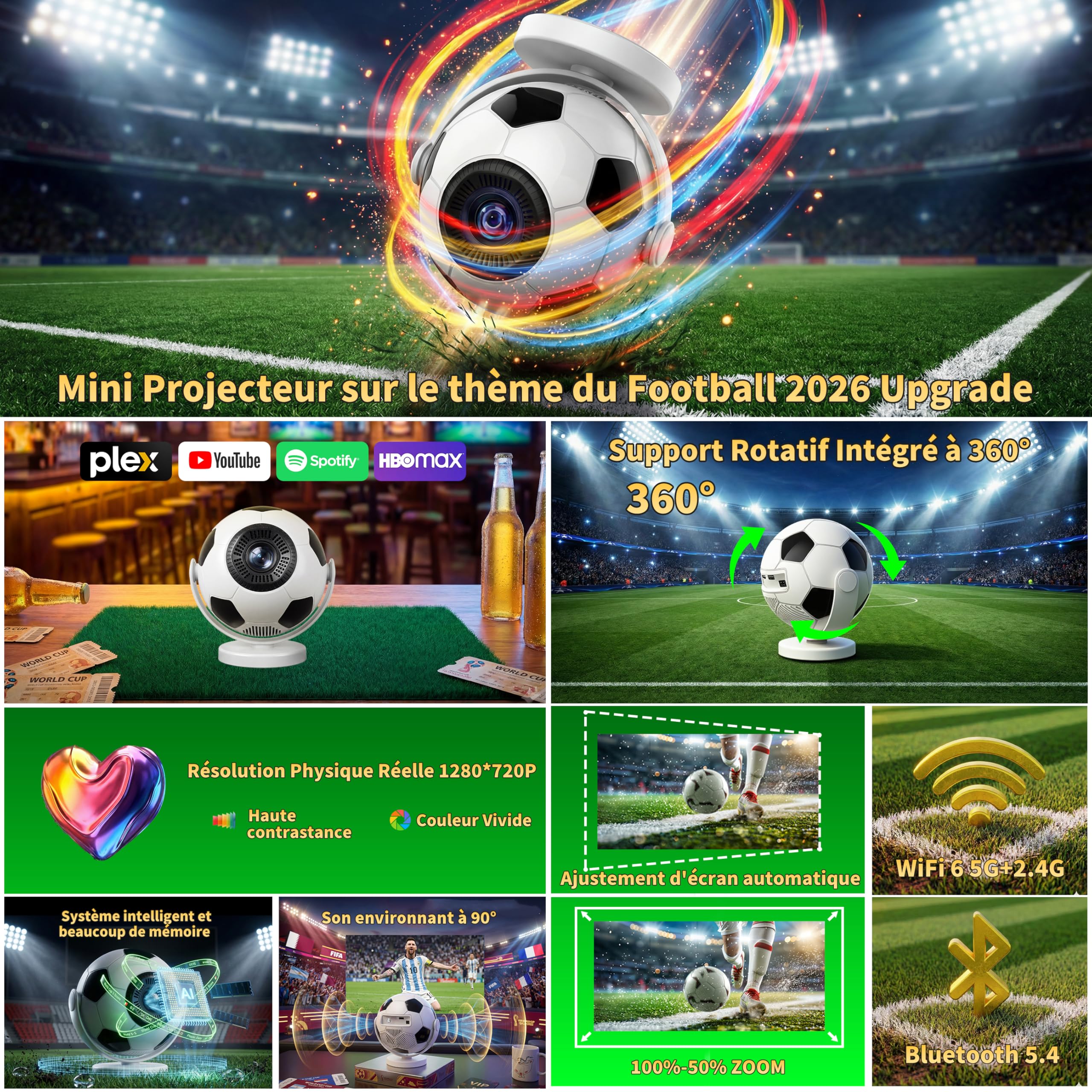 [Built-in Apps & 2026 Football Projecteur] Mini Projecteur 4K 1280P with WiFi 6 and Bluetooth 5.4 Auto Keystone 360° Rotatable Videoprojecteur Portable Compatibile with HDMI/TV Stick - White
