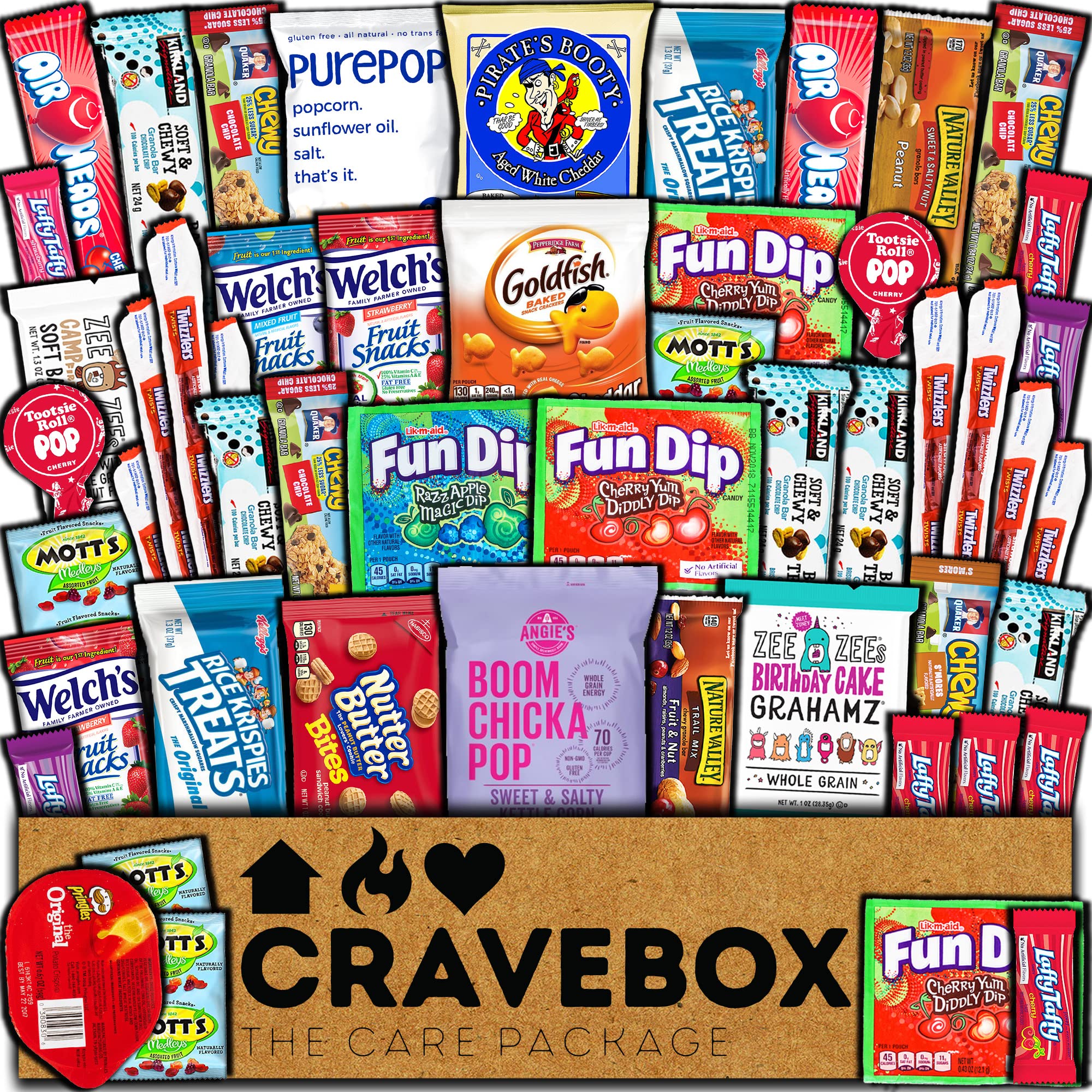 CRAVEBOX Snack Box Variety Pack Care Package (50 Count) Finals Gift Basket Stuffers Kids Teens Grandchildren Men Women Adults Candy Food Cookies Chips Arrangement Mix College Student Sampler Office - 50 Piece Set