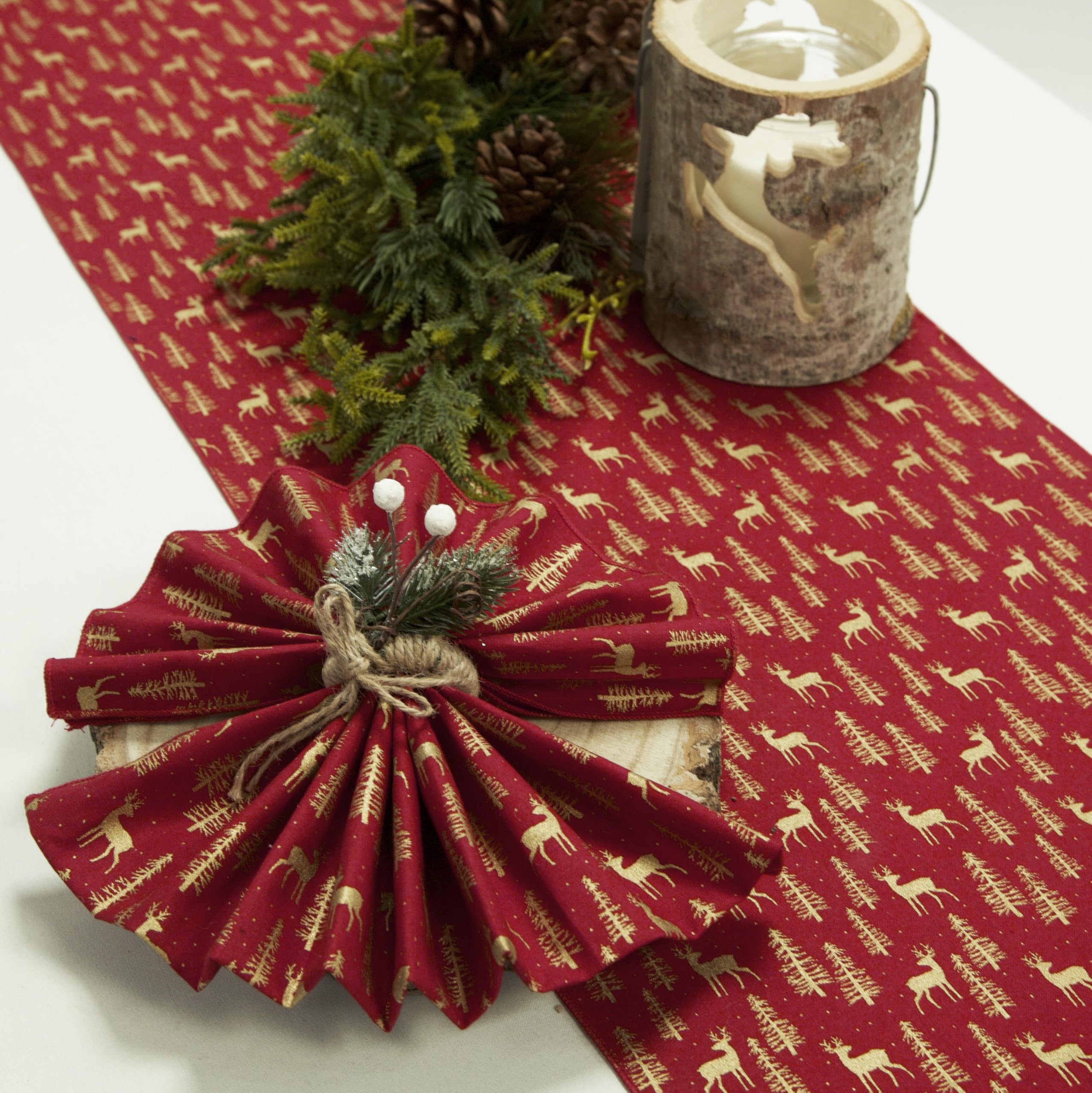 Decor Essentials Christmas Reindeer Linen Table Runner and 6 Napkins Set Festive Dinner Christmas Decor (Red/Gold)