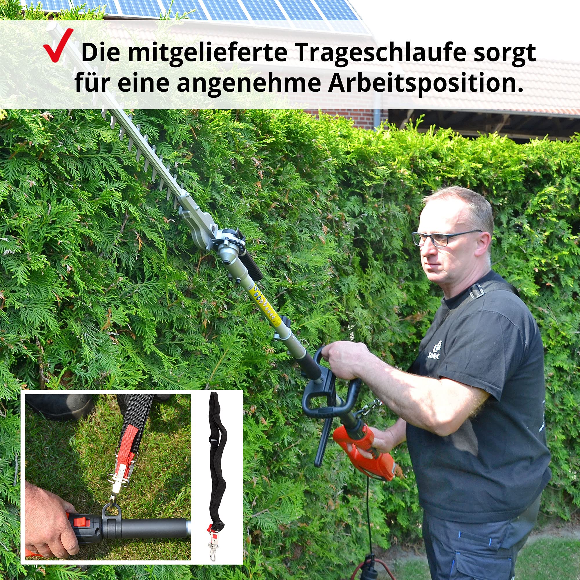 HECHT Profi Elektro Teleskopheckenschere 900 W mit Teleskopstiel | Elektrisch, mit abwinkelbarem Kopf und Tragegurt, für sauberen Schnitt an Hecken und Sträuchern